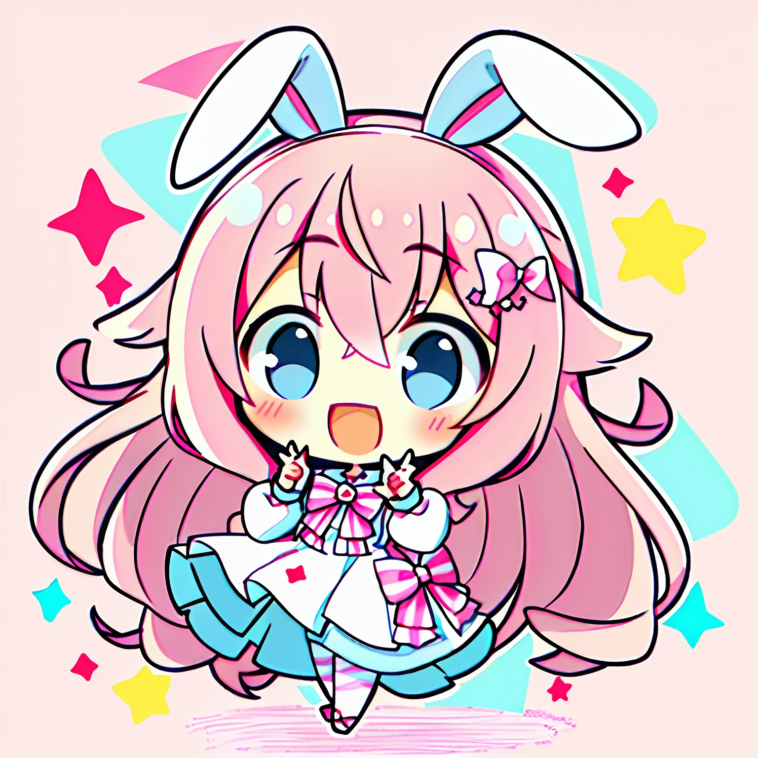 Chibi、1girl in, Animal ears, Pink hair, Long hair, Rabbit, Open mouth, Smile, Rabbit ears, Bow, Solo, White background, Dress, pantyhose, walls, Blue eyes, Looking at Viewer, :D, Full body, Simple background, nail polish, Striped, Holding, Arm up, Hair Bow, Long sleeves, Puffy sleeves, Aqua Footwear, shoes, blue footwear, Jumping, animal, blush, argyle, Star (symbol), holding wand, Very long hair, bow ribbon,