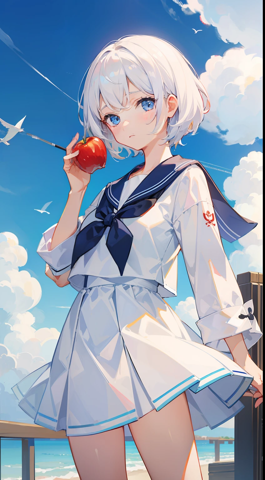 One girl holding an apple、I have a brush in my hand、short-hair、white hair、Blue eyes、a sailor suit