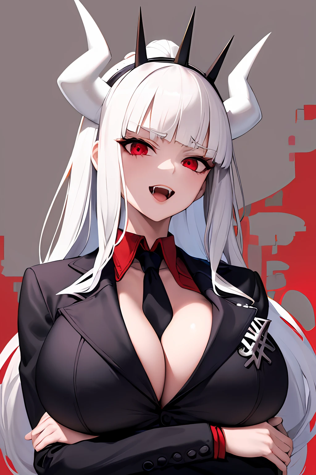 Masterpiece, Best Quality,  1girl, Justice(helltaker), lucifer(helltaker), (Black jacket with a large neckline:1.4),( naked breasts:1.5),( big beautiful tits:1.5), (Bare Tits:1.5),fangs, Shirt, white gloves, horns demon, black necktie, looking a viewer, formal, upper-body, Demon Girl, red eyes, Smile, red background, 1girl, white colored hair, open mouth, tail, shirt with collar, taupe, tie, 独奏, suit, White horns, Horns, Demon Tail, long sleeves, jacket, Red shirt, gloves, Long hair, crossed arms,