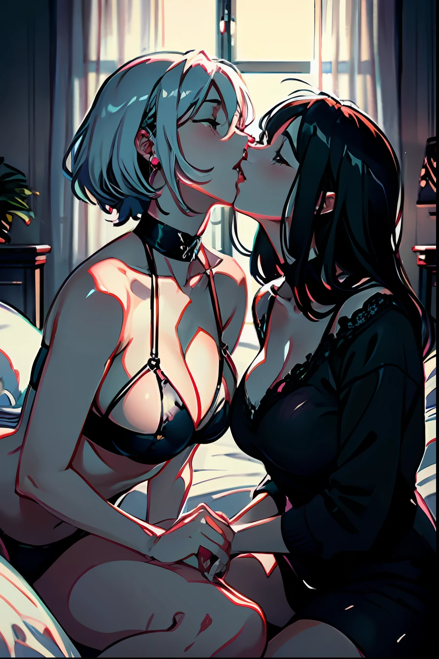arafed lesbian couple kissing in bed in black and white, couple on bed, couple kissing, kissing together cutely, kissing together, lovers melting into bed, dreaming of kissing a girl, kissing each other, by Aleksander Gierymski, by Adam Marczyński, woman and woman in love, making out, they are in love