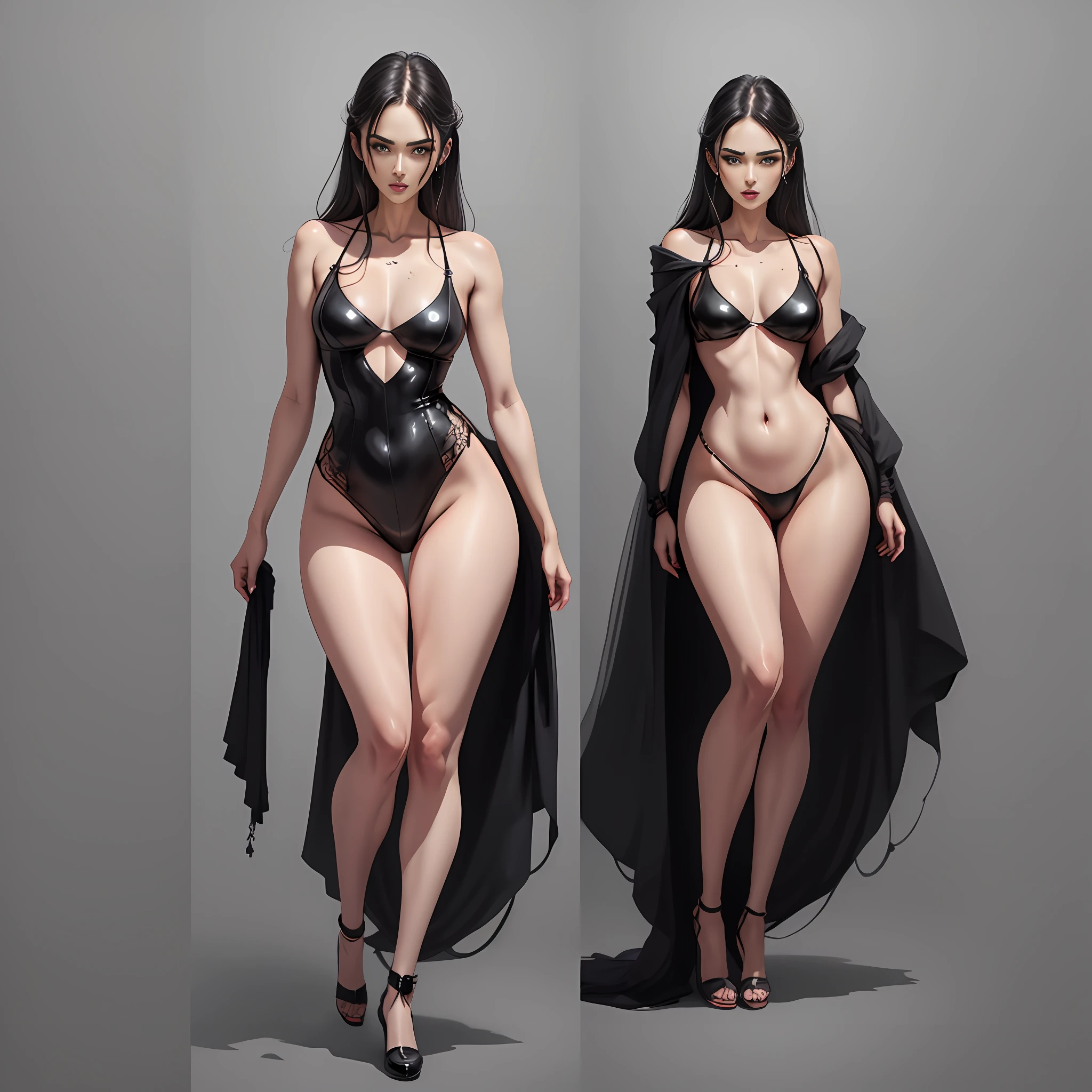 Illustration art,Whole body movement,Sexy woman in black,Soprano Woman,Very cool facial expression,Gorgeous background,Great erotic art,painting art,Sexy art,Detailed body part details,long leges,Inspired by J.c.Ryan Decker,Epic European and American illustrations,Tall,The whole body is evenly sexy