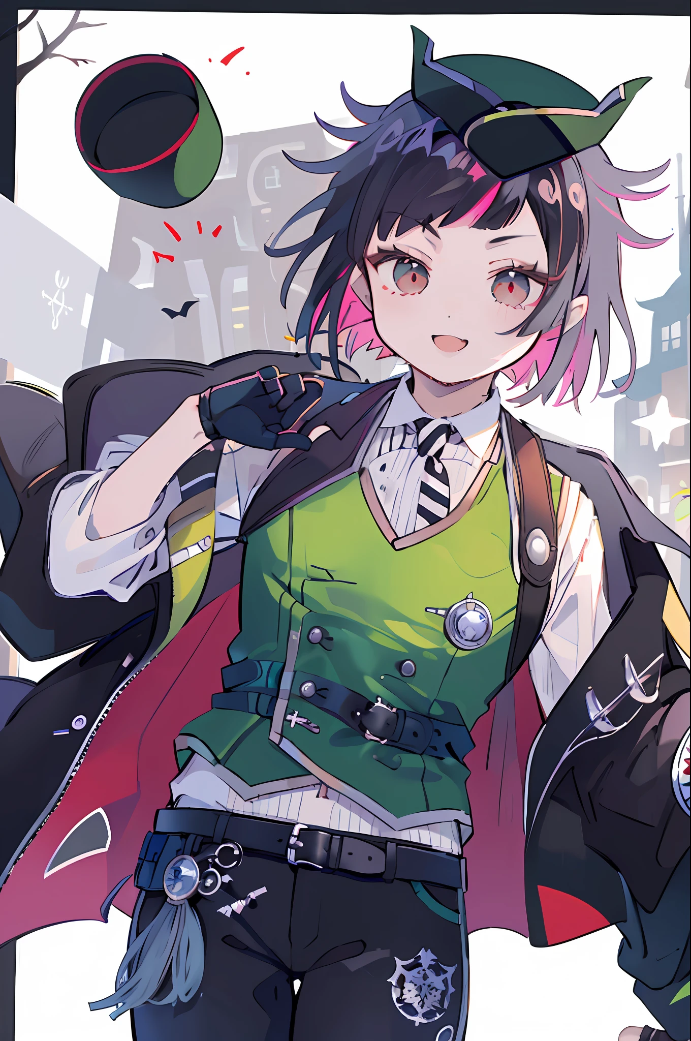 (masutepiece, Best Quality:1.2), Cowboy Shot, Solo, Male Focus, 1boy, Lilia Van Rouge, Smile, Looking at Viewer, multicolored hair, Black hair, Striped pink hair, hat, off shoulders, Jacket, White shirt, black necktie, Long sleeves, vests, Black pants, Black Gloves