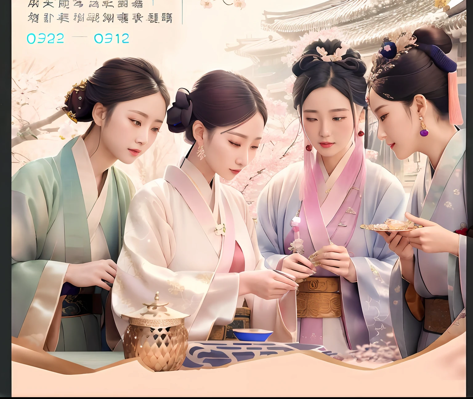 Hanfu three women look at jewelry together, (Gorgeous Hanfu，rich details​:1.5), Wearing ancient Chinese clothes, promotional movie still, film promotional image, White Hanfu, ancient chinese beauti