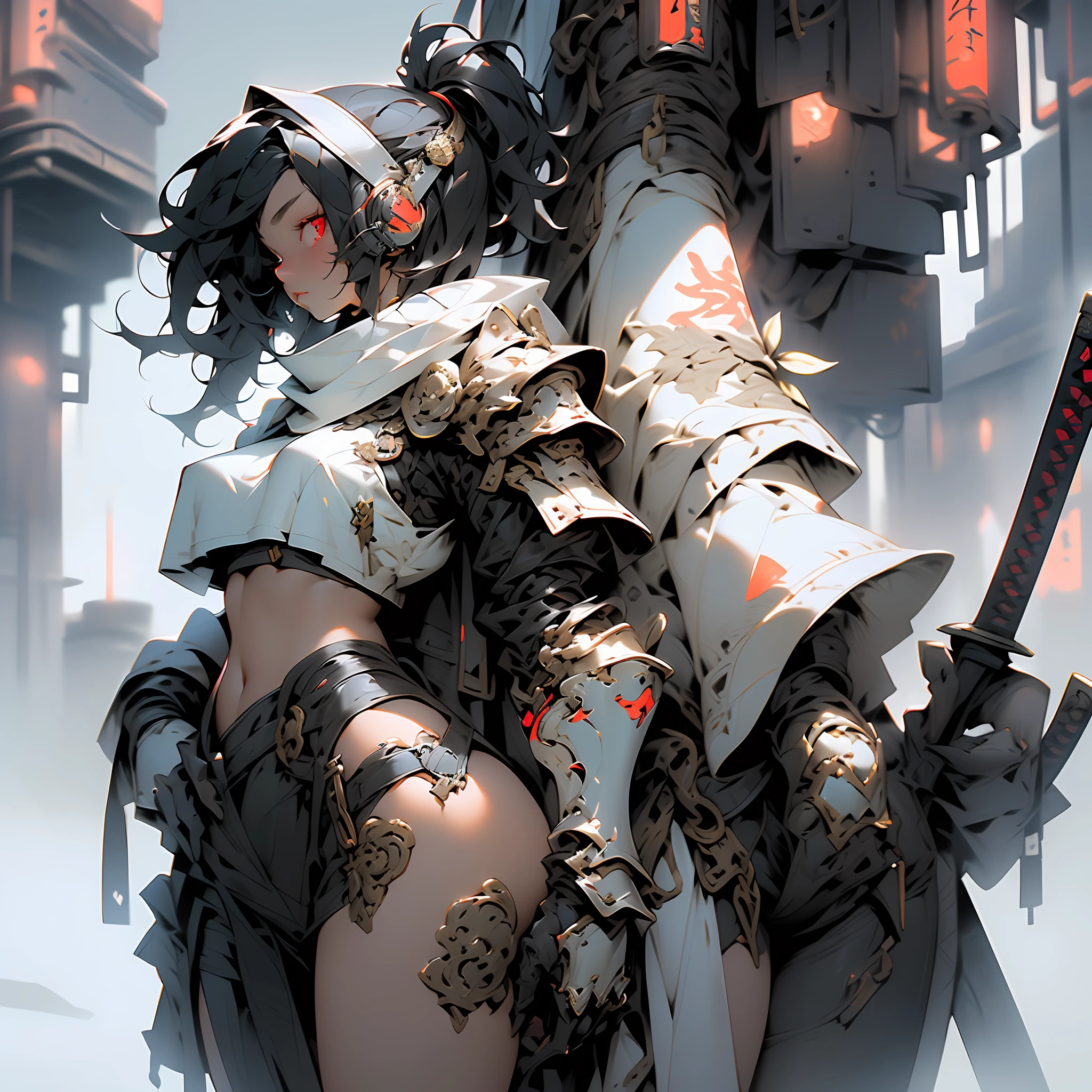 ((holy Angel)),Create an AI illustration of a young girl with black short hair, shiny hair, colored inner hair, floating hair, red eyes, (eyepatch), and headphones. She resembles a samurai, (She wears Japanese armor), She wears armor while pairing it with a miniskirt, showcasing her unique style. Please generate the illustration in the highest quality possible. oblique view view, facial profile, hyper detailed, intricate detailed, Wide shot of ruins, in a photorealistic 4DCG style.