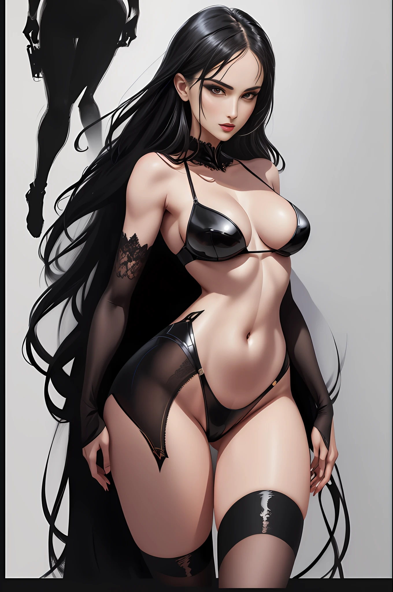 Illustration art,Whole body movement,Sexy woman in black,Soprano Woman,Very cool facial expression,Gorgeous background,Great erotic art,painting art,Sexy art,Detailed body part details,long leges,Inspired by J.c.Ryan Decker,Epic European and American illustrations,Tall,The whole body is evenly sexy