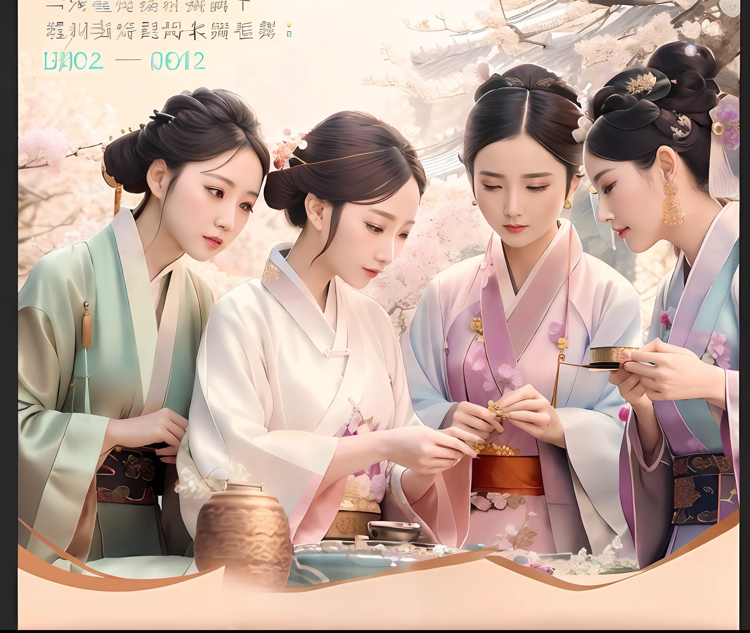 Hanfu three women look at jewelry together, (Gorgeous Hanfu,rich details:1.5), Wearing ancient Chinese clothes, promotional movie still, film promotional image, White Hanfu, ancient chinese beauti