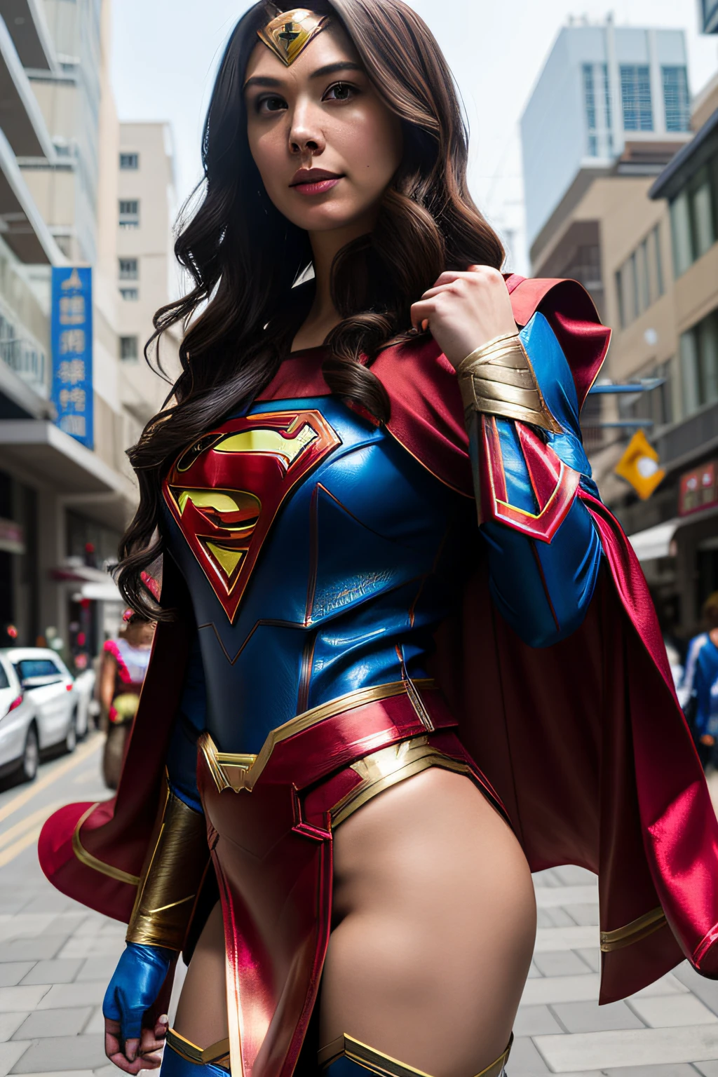 Arapei woman walking down the street in a superhero costume, Supergirl, dressed as wonder woman, cosplay foto, author：Chen Jiesheng, author：Jason Teraoka, author：Hiroyuki Tajima, publicity cosplay, super-hero girl, wonder women, gal gadot as supergirl, full-cosplay, close up photograph, Close-up Shot Shot, glamourous cosplay, professional cosplay