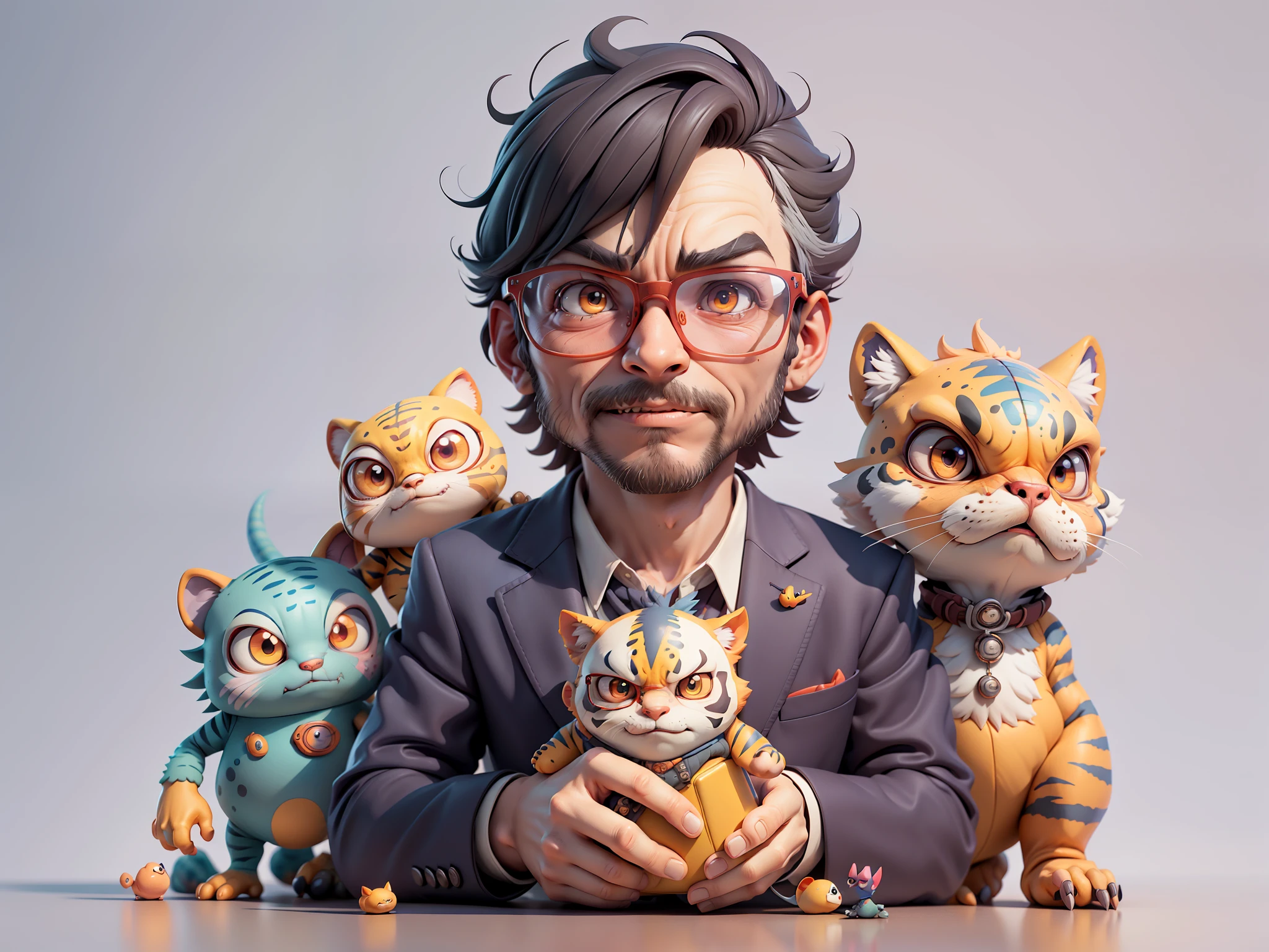 A young man in a suit, Short hair and glasses sat at his desk，holding laptop，digitial painting，tigre，3D character design by Mark Clairen and Pixar and Hayao Miyazaki and Akira Toriyama，4K HD illustration，Very detailed facial features and cartoon-style visuals。