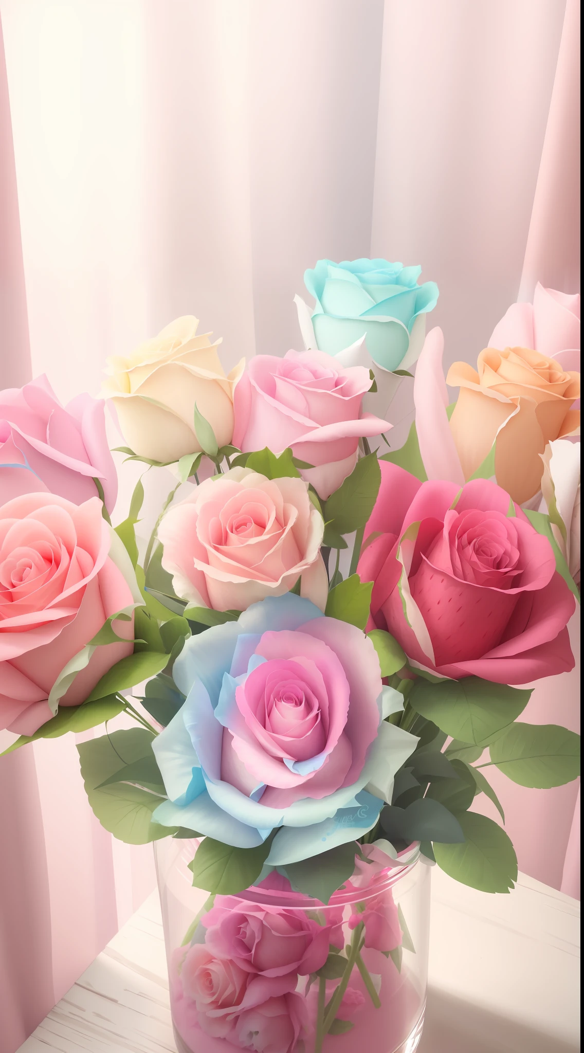 There is a vase，There is a bouquet of roses inside, pastel roses, pastel overflow, 🎀 🗡 🍓 🧚, In pastel colors, colorful pastel, pastel rainbow, 🎀 🧟 🍓 🧚, pastel rainbow, melanchonic rose soft light, rosette, Only pastel colors, candy pastel, rich pastel colors, pastel colored, Magical flowers, lovely pastel colors