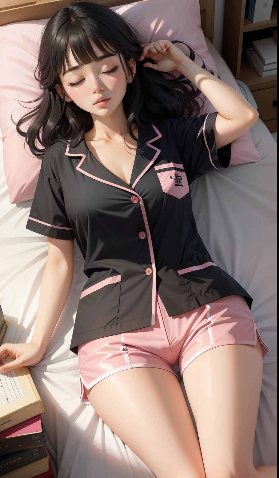 Sleeping girl，21 years old，realisticlying，She wears ultra-shorts，Wearing pink open-breasted pajamas，black color hair。