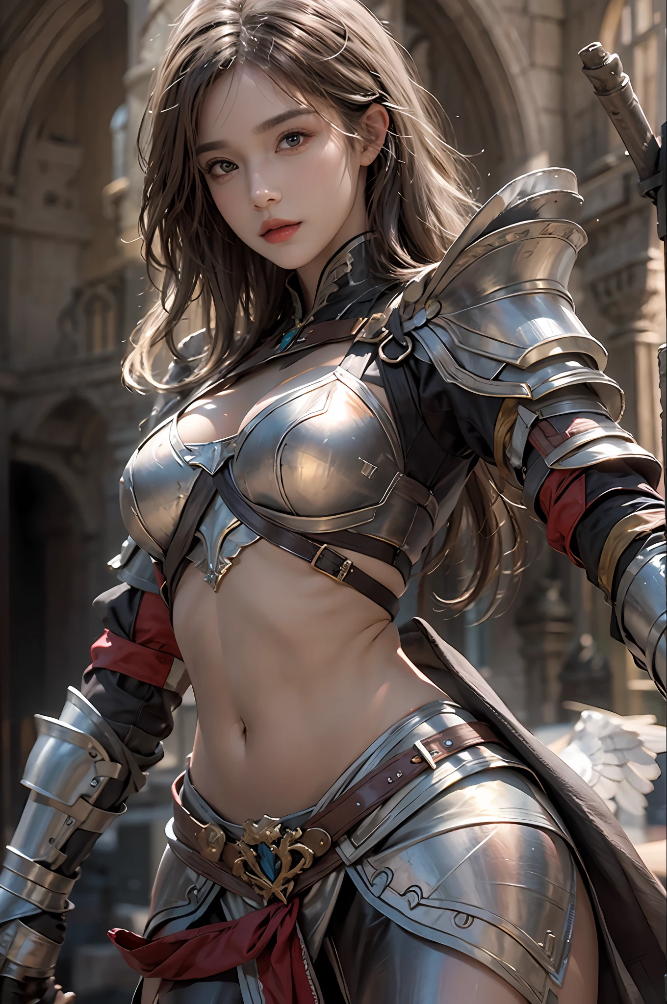 photorealistic, high resolution, 1 women, solo, hips up, look at viewer, (detailed face), medium breast, knight armor, angle wings