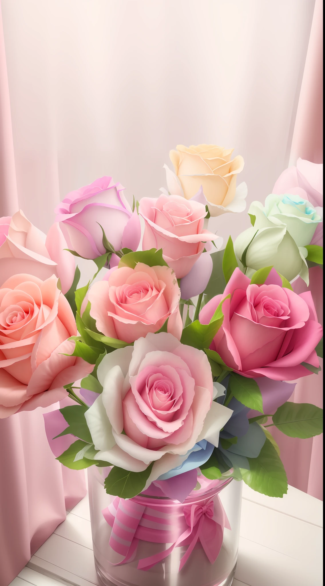 There is a vase,There is a bouquet of roses inside, pastel roses, pastel overflow, 🎀 🗡 🍓 🧚, In pastel colors, colorful pastel, pastel rainbow, 🎀 🧟 🍓 🧚, pastel rainbow, melanchonic rose soft light, rosette, Only pastel colors, candy pastel, rich pastel colors, pastel colored, Magical flowers, lovely pastel colors