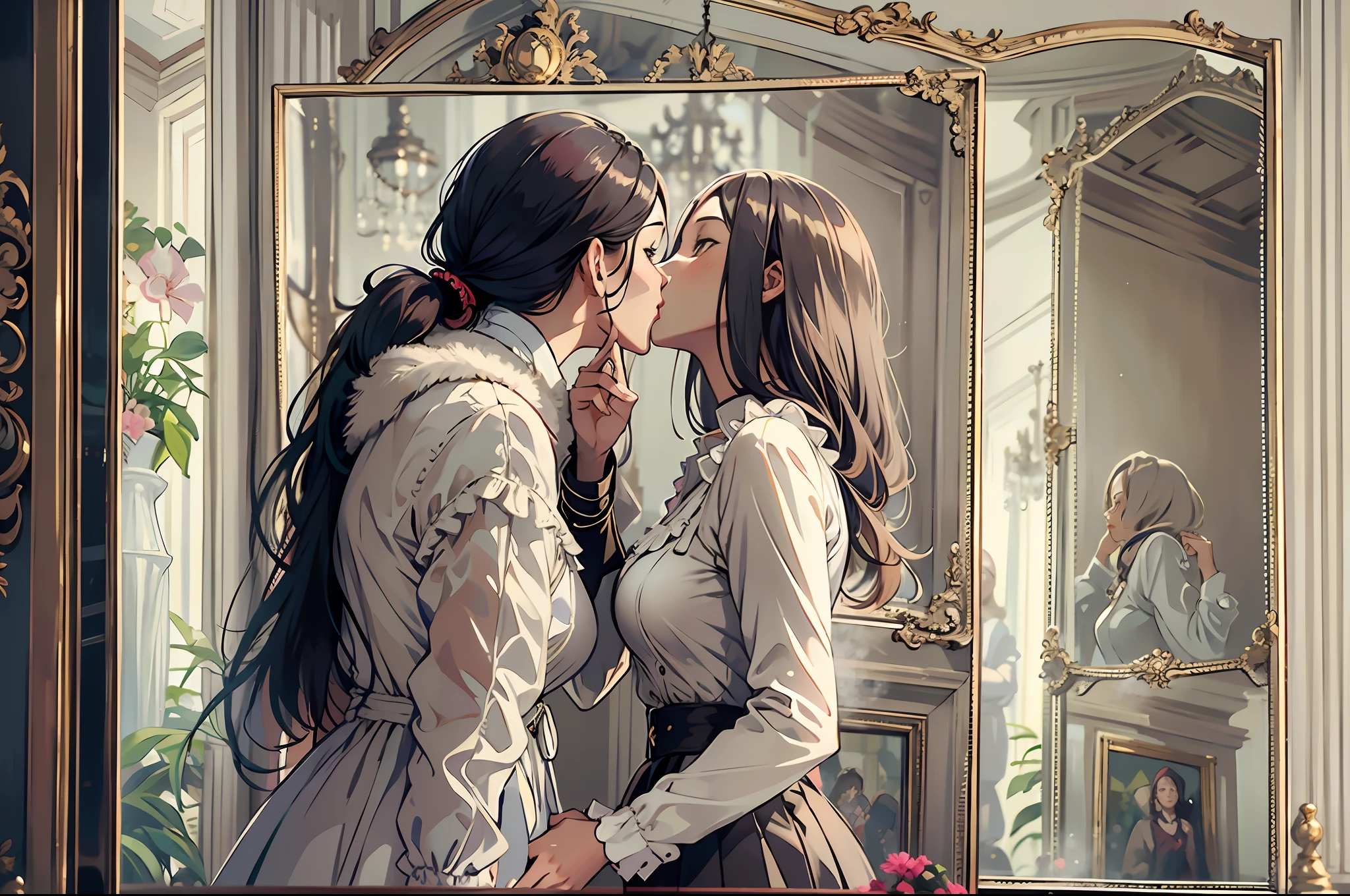 araffes a woman and a woman are kissing in front of a mirror, by Emma Andijewska, by Sebastian Vrancx, by Aleksander Kobzdej, by Mathias Kollros, by Adam Marczyński, by Matija Jama, by Pat Adams, by Zofia Stryjenska, by Micha Klein