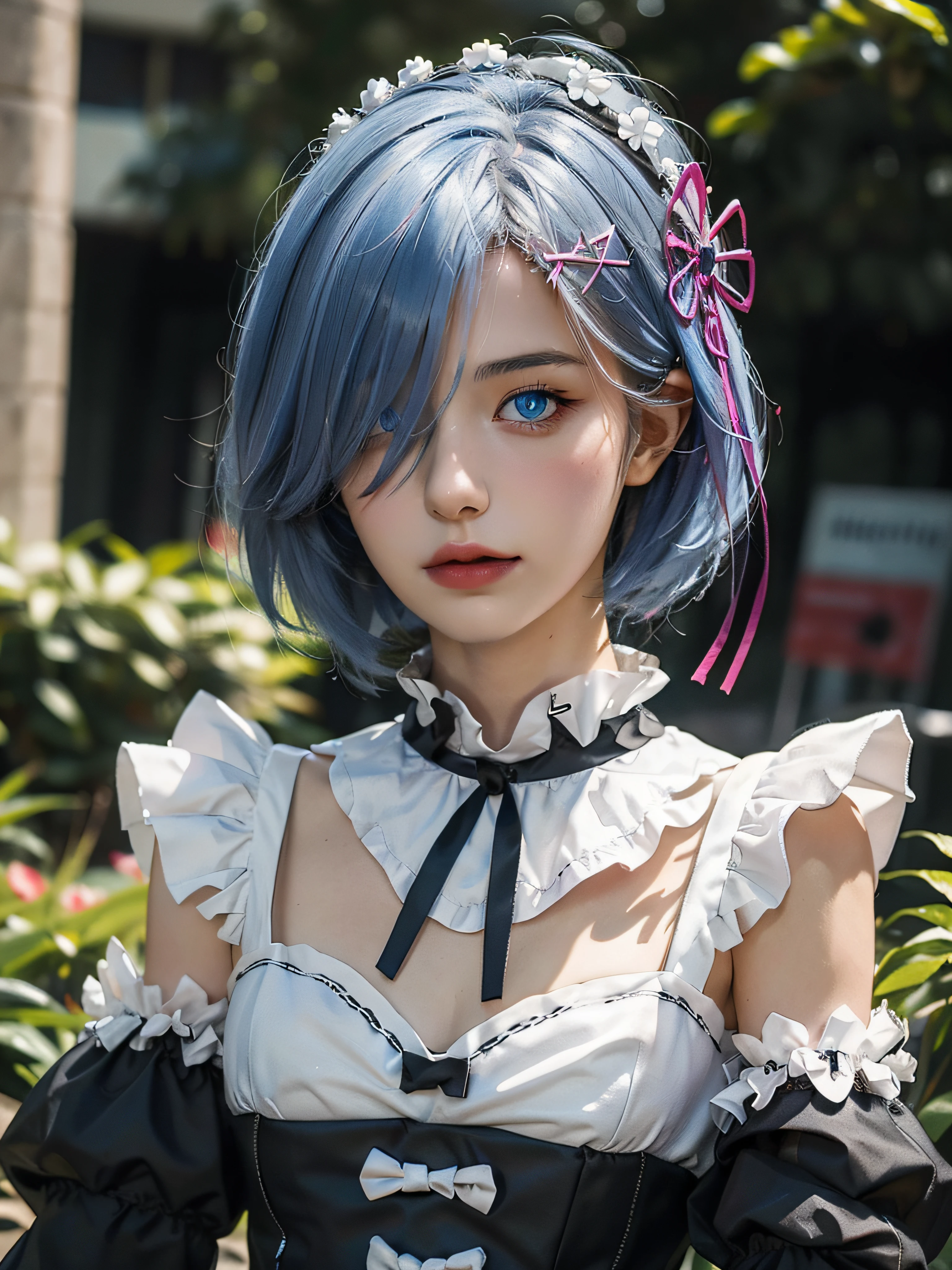 R_E_M, ,(beautiful face) short blue hair, blue eyes, hair over one eye, hair ornament, pink hair ribbon, rem's maid uniform, detached sleeves,((( upper body))), ulzzang-6500,(raw photo:1.2),((photorealistic:1.4))best quality ,masterpiece, illustration, an extremely delicate and beautiful, extremely detailed ,CG ,unity ,8k wallpaper, finely detail, best quality,absurdres, incredibly absurdres, huge filesize, ultra-detailed, highres, extremely detailed,beautiful detailed girl, extremely detailed eyes and face, beautiful detailed eyes,light on face,cinematic lighting,,dress,see-through,looking at viewer,outdoors, blue_eyes,dress, short hair, (small breasts:0.8),(((close-up))), (selfie)(((face focus, (looking at viewer:1.25)))), (((HD portraits)))