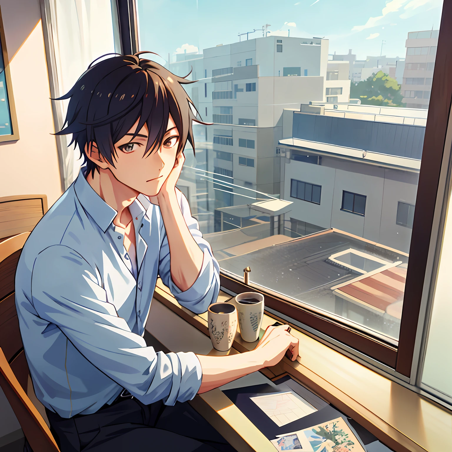 Anime boy sitting on windowsill looking out the window, a character portrait inspired by Tomioka Tessai, pixiv contest winner, shin hanga, Handsome anime pose, Anime portrait of a handsome man, young anime man, Anime handsome man, drawn in anime painter studio, Makoto Shinkai. a digital rendering, shigenori soejima illustration