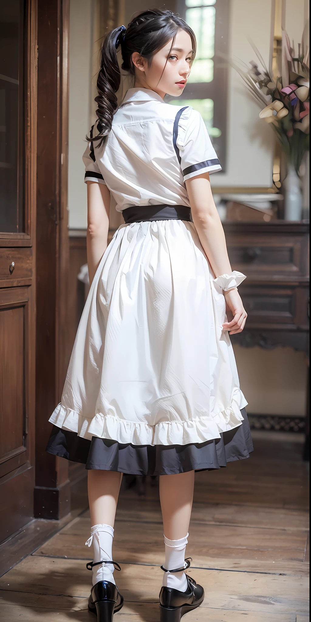 (high-detail:1.4)、(hyper realisitic:1.4)、(Smooth lighting:1.05)、32K、1womanl、24 year old Japan Victorian maid woman、Realistic lighting、Back lighting、Facial Lights、Ray tracing、(brightened light:1.2)、(Quality Improvement:1.4)、(Realistic textured skin of the highest quality:1.4)、fine detailed eyes、A detailed face、Fine quality eye、dark brown eyes、white backgrounid、White blouse、Ribbon Ties、Black long skirt、(White Apron)、Maid Katyusha、dark brown hair、Braided hair、poneyTail、(White Silk Ankle Socks、Fabric ruffles)、Black Strap Pumps、(is standing)