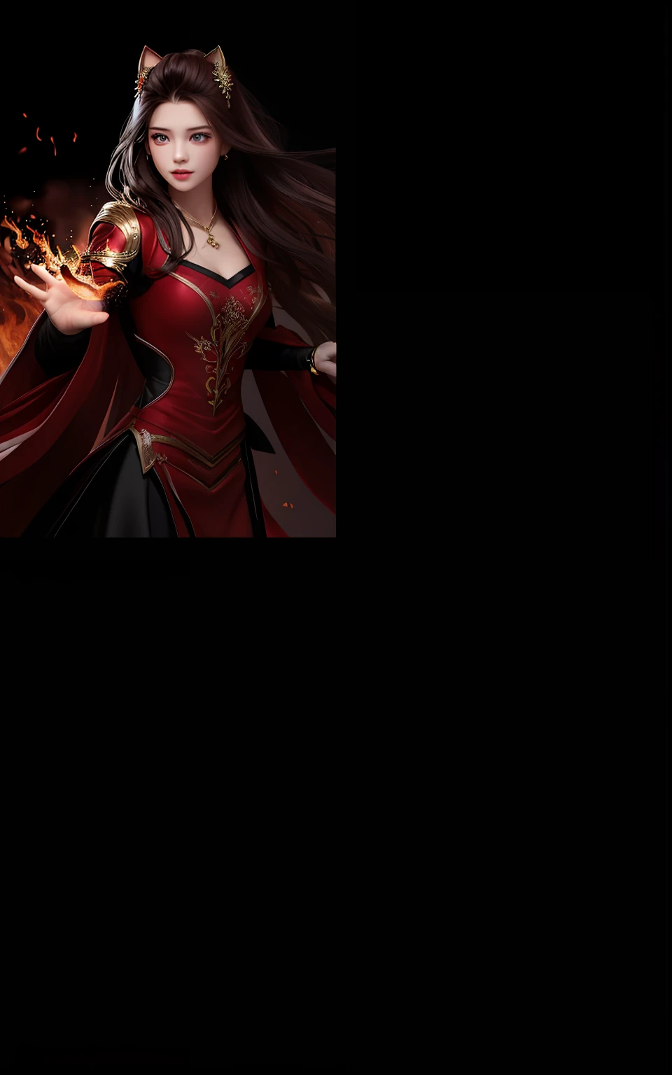 girl, wear a red outfit, brown eyes, is using fire magic