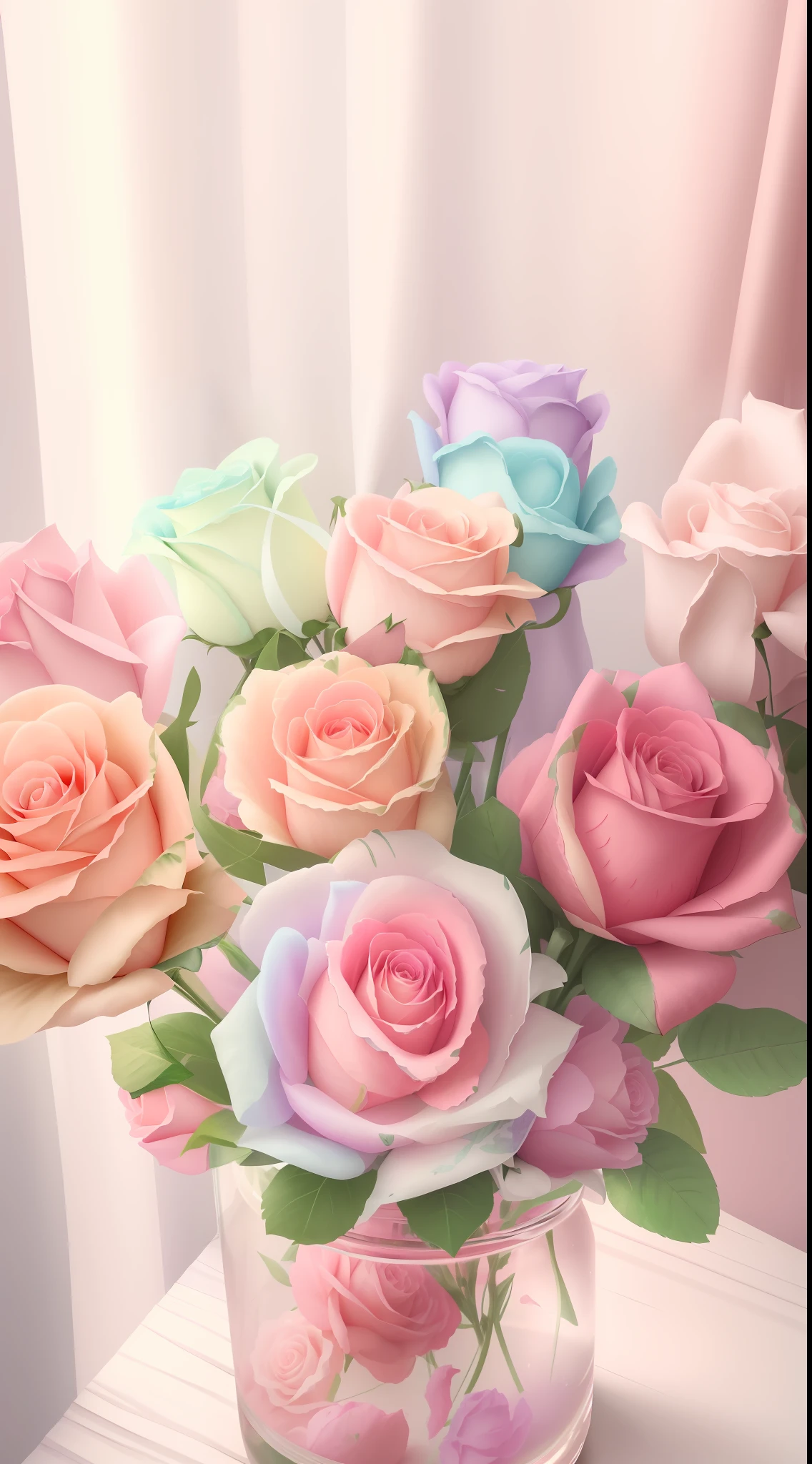 There is a vase,There is a bouquet of roses inside, pastel roses, pastel overflow, 🎀 🗡 🍓 🧚, In pastel colors, colorful pastel, pastel rainbow, 🎀 🧟 🍓 🧚, pastel rainbow, melanchonic rose soft light, rosette, Only pastel colors, candy pastel, rich pastel colors, pastel colored, Magical flowers, lovely pastel colors