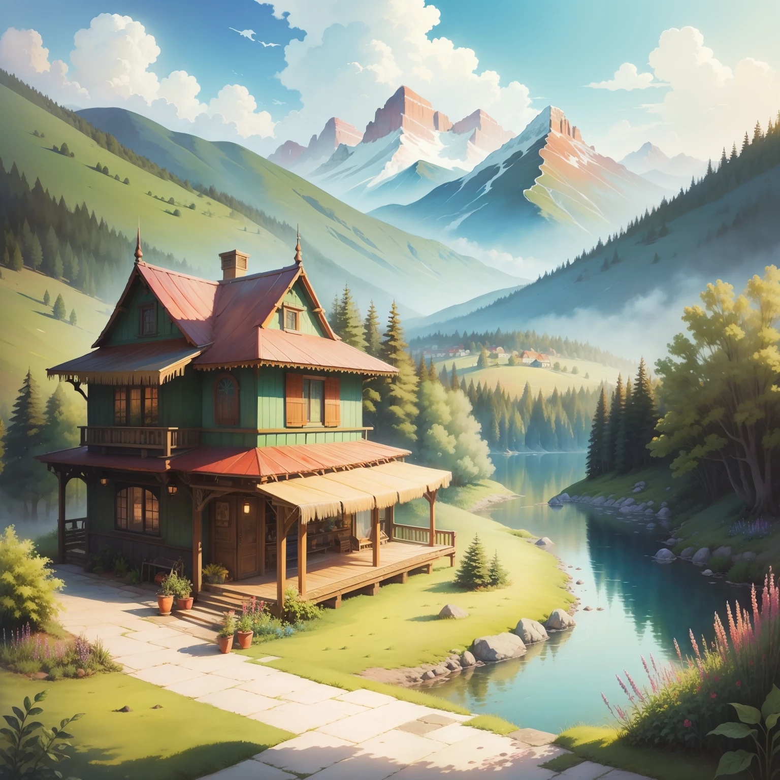 Wanderlust Watercolor Paint a whimsical watercolor landscape with vibrant colors and nature-inspired motifs in a bohemian art style.