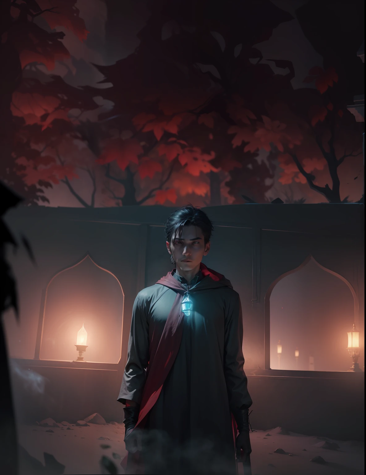 (((8k, very high resolution, masterpiece))), generate a high-resolution image of a wraith, a malevolent spirit that wanders through the mortal realm in search of souls to claim. The wraith should be depicted as a shrouded figure, its face obscured by a red rag, and its body wreathed in an ethereal, ghostly mist. The wraith should be holding a lantern that emits a spectral light, which it uses to guide the souls it deems unworthy to rest to their ultimate fate. The lantern is attached to one of his shrouded hand with a spiked chain, and should dangle under his stretched arm when pointing at the viewer.
The setting should be dark and eerie, depicting the wraith as a harbinger of death and despair. The background is an icy, dark cave, the light weak, mostly coming from the lantern of the spectre. The colors should be muted and ominous, with a focus on shades of red and blue. Use Stable Diffusion to ensure the generated image is visually consistent and coherent, with a high level of detail and realism.