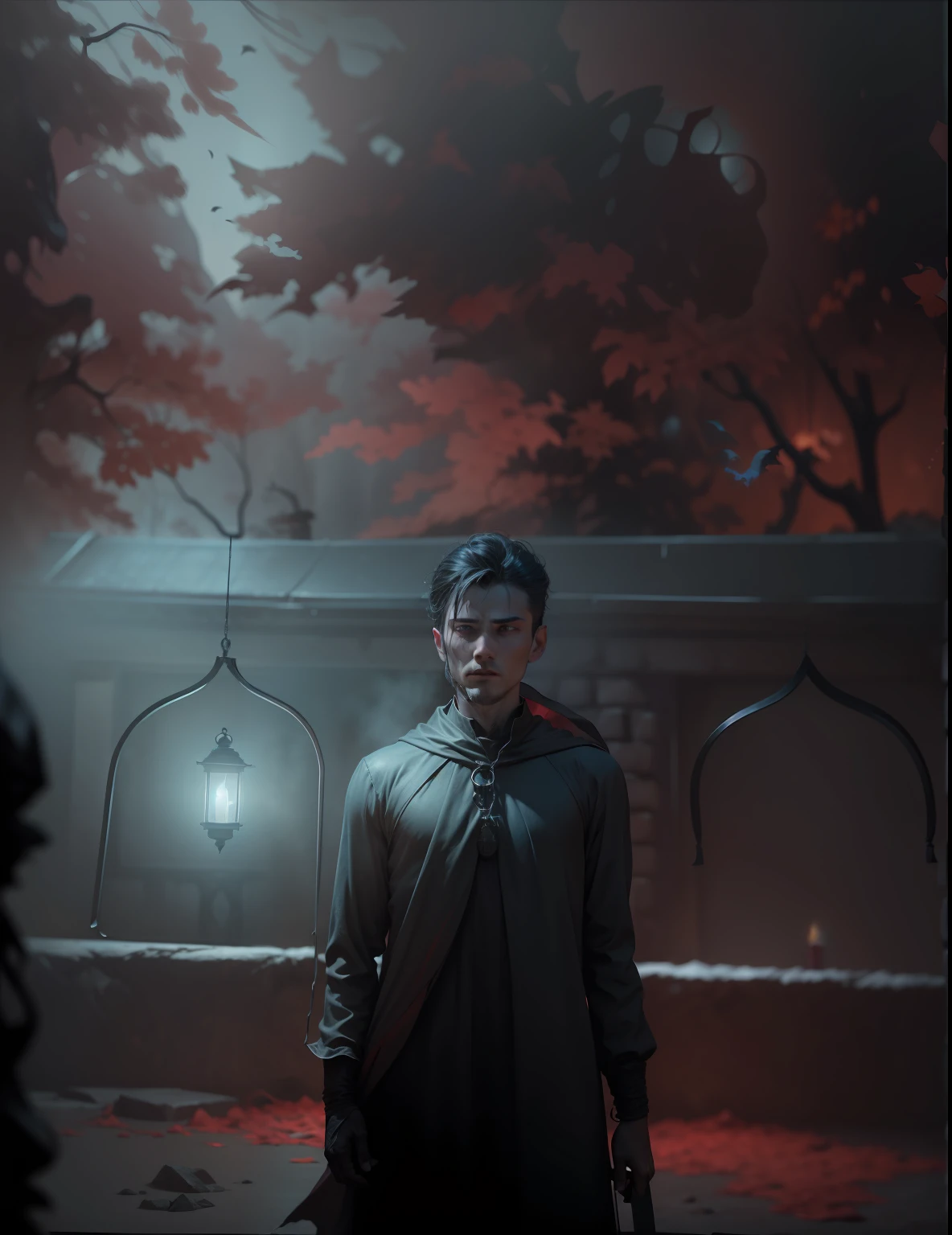 (((8k, very high resolution, masterpiece))), generate a high-resolution image of a wraith, a malevolent spirit that wanders through the mortal realm in search of souls to claim. The wraith should be depicted as a shrouded figure, its face obscured by a red rag, and its body wreathed in an ethereal, ghostly mist. The wraith should be holding a lantern that emits a spectral light, which it uses to guide the souls it deems unworthy to rest to their ultimate fate. The lantern is attached to one of his shrouded hand with a spiked chain, and should dangle under his stretched arm when pointing at the viewer.
The setting should be dark and eerie, depicting the wraith as a harbinger of death and despair. The background is an icy, dark cave, the light weak, mostly coming from the lantern of the spectre. The colors should be muted and ominous, with a focus on shades of red and blue. Use Stable Diffusion to ensure the generated image is visually consistent and coherent, with a high level of detail and realism.
