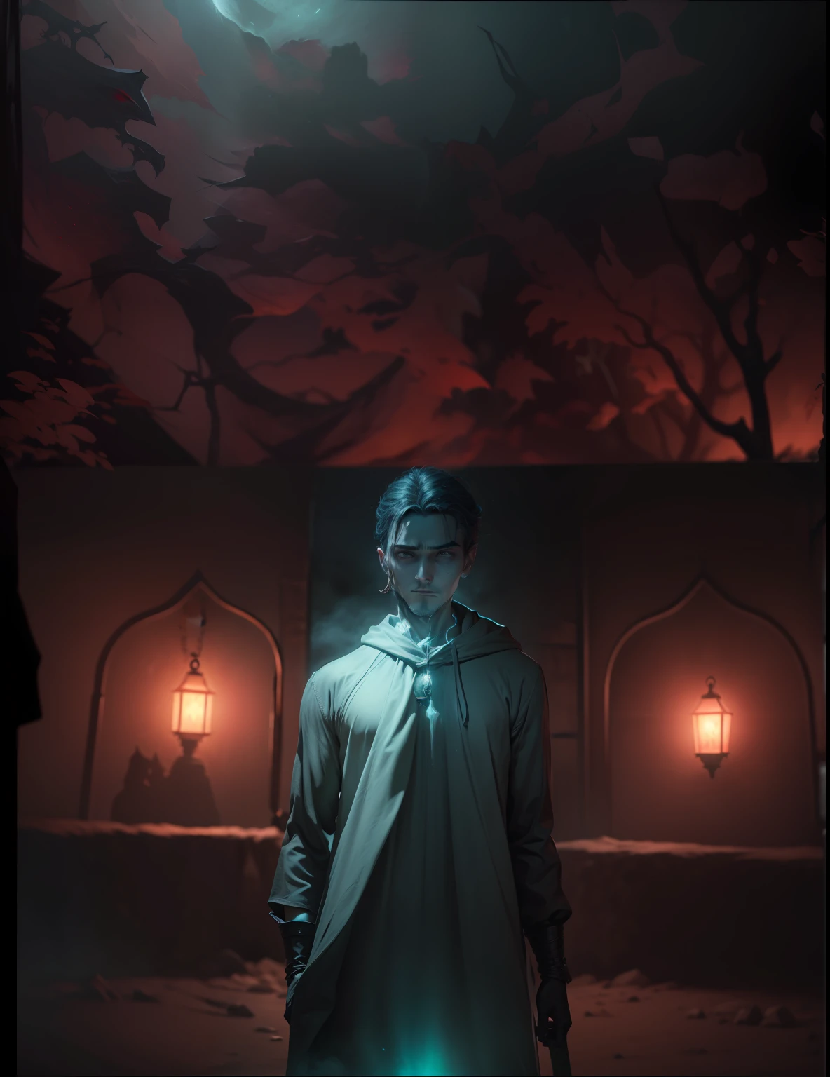 (((8k, very high resolution, masterpiece))), generate a high-resolution image of a wraith, a malevolent spirit that wanders through the mortal realm in search of souls to claim. The wraith should be depicted as a shrouded figure, its face obscured by a red rag, and its body wreathed in an ethereal, ghostly mist. The wraith should be holding a lantern that emits a spectral light, which it uses to guide the souls it deems unworthy to rest to their ultimate fate. The lantern is attached to one of his shrouded hand with a spiked chain, and should dangle under his stretched arm when pointing at the viewer.
The setting should be dark and eerie, depicting the wraith as a harbinger of death and despair. The background is an icy, dark cave, the light weak, mostly coming from the lantern of the spectre. The colors should be muted and ominous, with a focus on shades of red and blue. Use Stable Diffusion to ensure the generated image is visually consistent and coherent, with a high level of detail and realism.