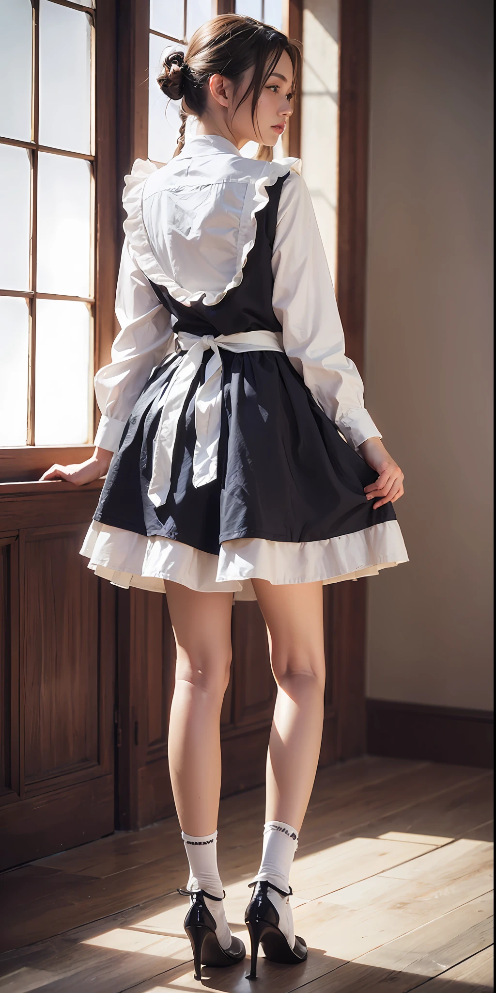 (high-detail:1.4)、(hyper realisitic:1.4)、(Smooth lighting:1.05)、32K、1womanl、24 year old Japan Victorian maid woman、Realistic lighting、Back lighting、Facial Lights、Ray tracing、(brightened light:1.2)、(Quality Improvement:1.4)、(Realistic textured skin of the highest quality:1.4)、fine detailed eyes、A detailed face、Fine quality eye、dark brown eyes、white backgrounid、White blouse、Ribbon Ties、Black long skirt、(White Apron)、Maid Katyusha、dark brown hair、Braided hair、poneyTail、(White Silk Ankle Socks、Fabric ruffles)、Black Strap Pumps、(is standing)