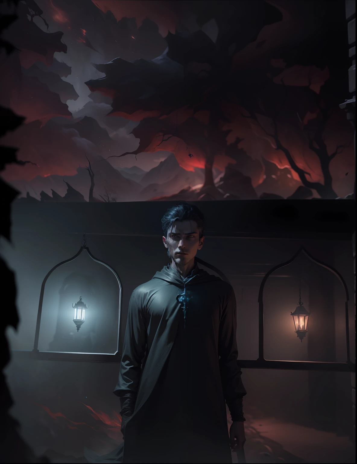 (((8k, very high resolution, masterpiece))), generate a high-resolution image of a wraith, a malevolent spirit that wanders through the mortal realm in search of souls to claim. The wraith should be depicted as a shrouded figure, its face obscured by a red rag, and its body wreathed in an ethereal, ghostly mist. The wraith should be holding a lantern that emits a spectral light, which it uses to guide the souls it deems unworthy to rest to their ultimate fate. The lantern is attached to one of his shrouded hand with a spiked chain, and should dangle under his stretched arm when pointing at the viewer. 

The setting should be dark and eerie, depicting the wraith as a harbinger of death and despair. The background is an icy, dark cave, the light weak, mostly coming from the lantern of the spectre. The colors should be muted and ominous, with a focus on shades of red and blue. Use Stable Diffusion to ensure the generated image is visually consistent and coherent, with a high level of detail and realism.