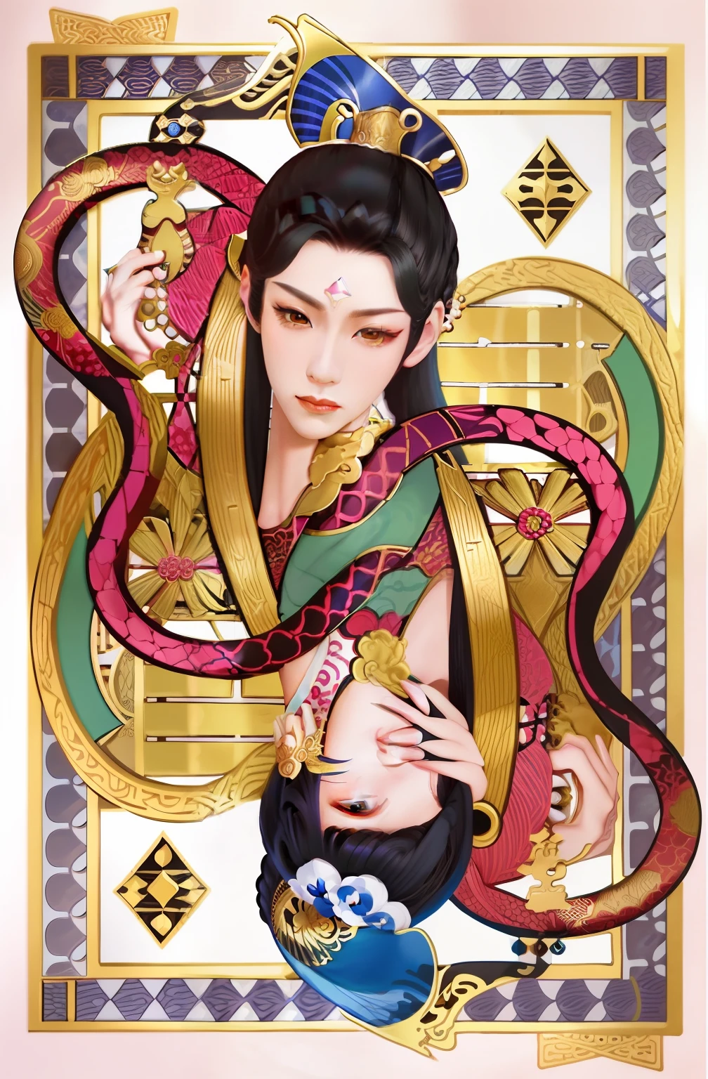 A drawing of a woman playing an instrument with a snake, symmetrical tarot illustration, inspired by Utagawa Kunisada II, inspired by Utagawa Kunisada III, inspired by Utagawa Kunisada, tarot card the empress, chinese empress, tarot design, high detal + tarot cards, inspired by Gao Kegong, inspired by Wang Yi