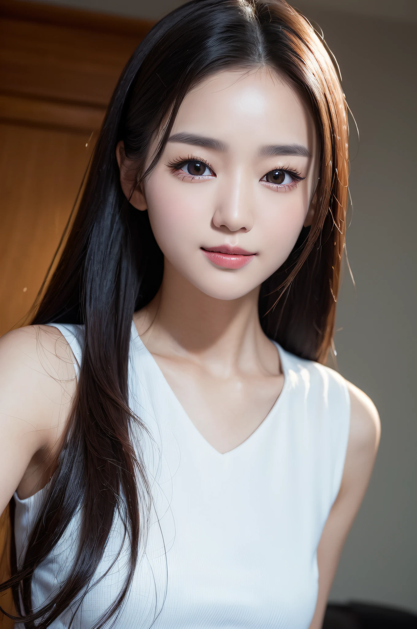 ((best qualtiy、8k masterpieces:1.3))、foco nítido:1.2、(ultra beautiful faces:1.0)、(shinny skin:1.0)、photos realistic、A dark-haired、Video Lighting、High-definition eyes and face、Video Lighting、(Korean Cute Actress)、from the front side、medium large breasts、ssmile、Sleeveless、Slender Abs Beauty、Wearing a white blouse