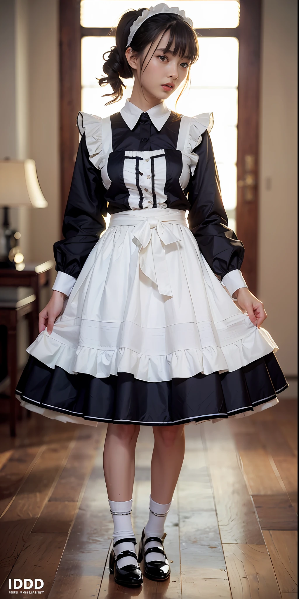 (high-detail:1.4)、(hyper realisitic:1.4)、(Smooth lighting:1.05)、32K、1womanl、24 year old Japan Victorian maid woman、Realistic lighting、Back lighting、Facial Lights、Ray tracing、(brightened light:1.2)、(Quality Improvement:1.4)、(Realistic textured skin of the highest quality:1.4)、fine detailed eyes、A detailed face、Fine quality eye、dark brown eyes、white backgrounid、White blouse、Ribbon Ties、Black long skirt、(White Apron)、Maid Katyusha、dark brown hair、Braided hair、poneyTail、(White Silk Ankle Socks、Fabric ruffles)、Black Strap Pumps、(is standing)