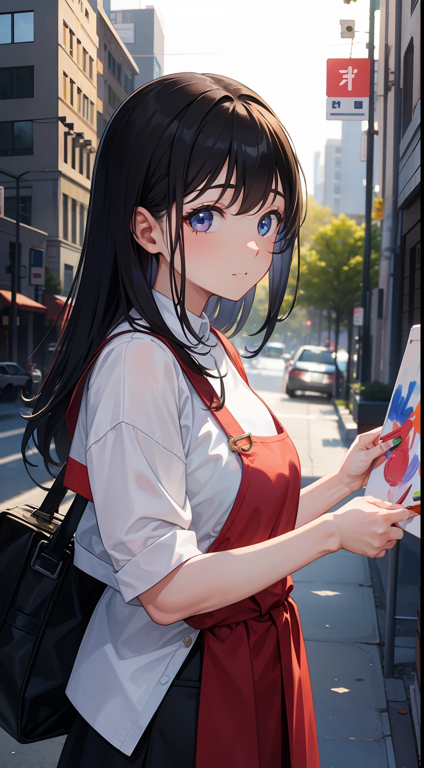 One girl painting in the city、Work clothes、I have paint in my hands、The face is painted、Painting fruit