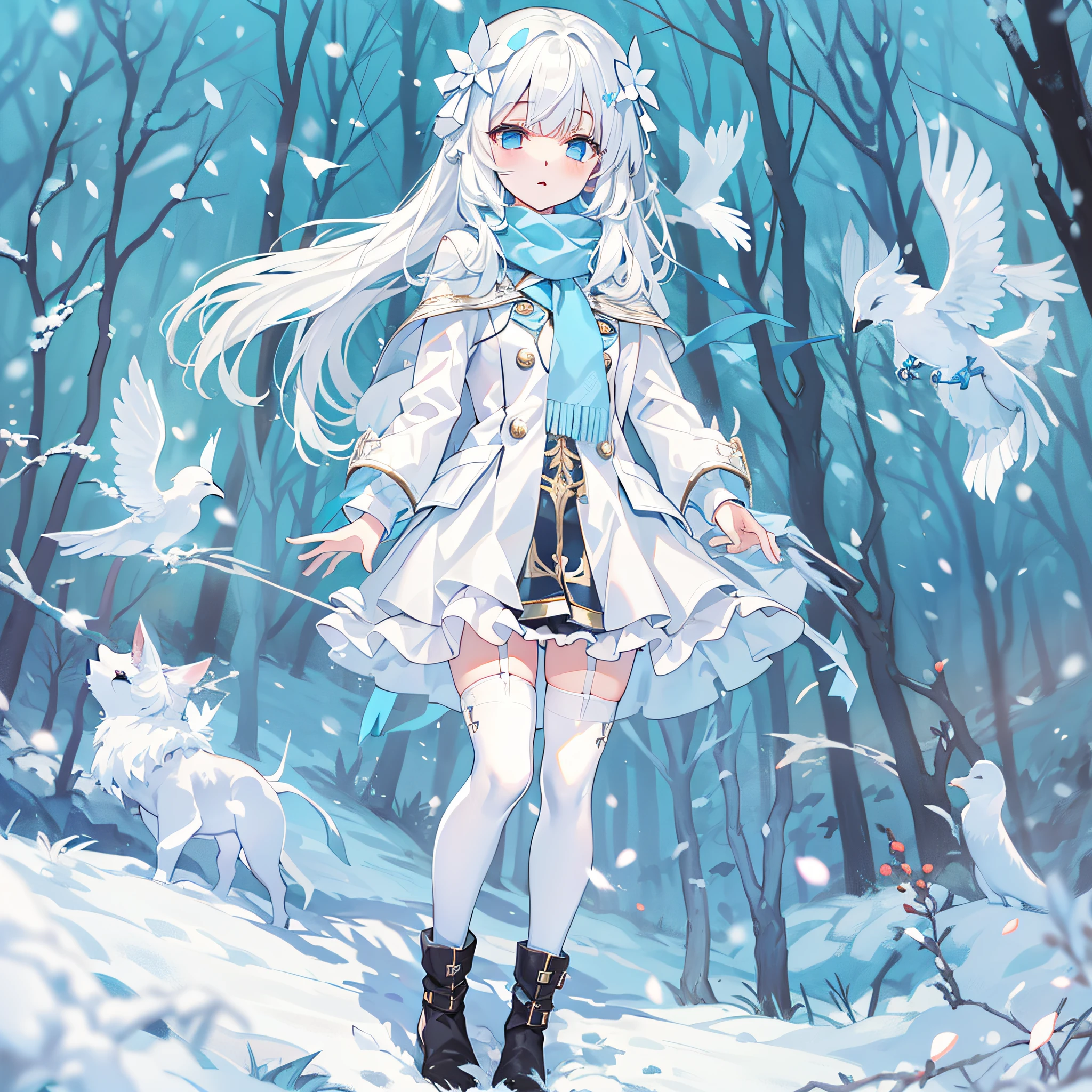 Light blue eyes，Princess cut，whaite hair，White thigh boots，White Gotho****ta，White over-the-knee stockings，white bows，Full body like，sweeping bangs，Semi-closed Eyes，Long white scarf，ln the forest，the night，at winter season，teens girl，expressiveless，standing on your feet