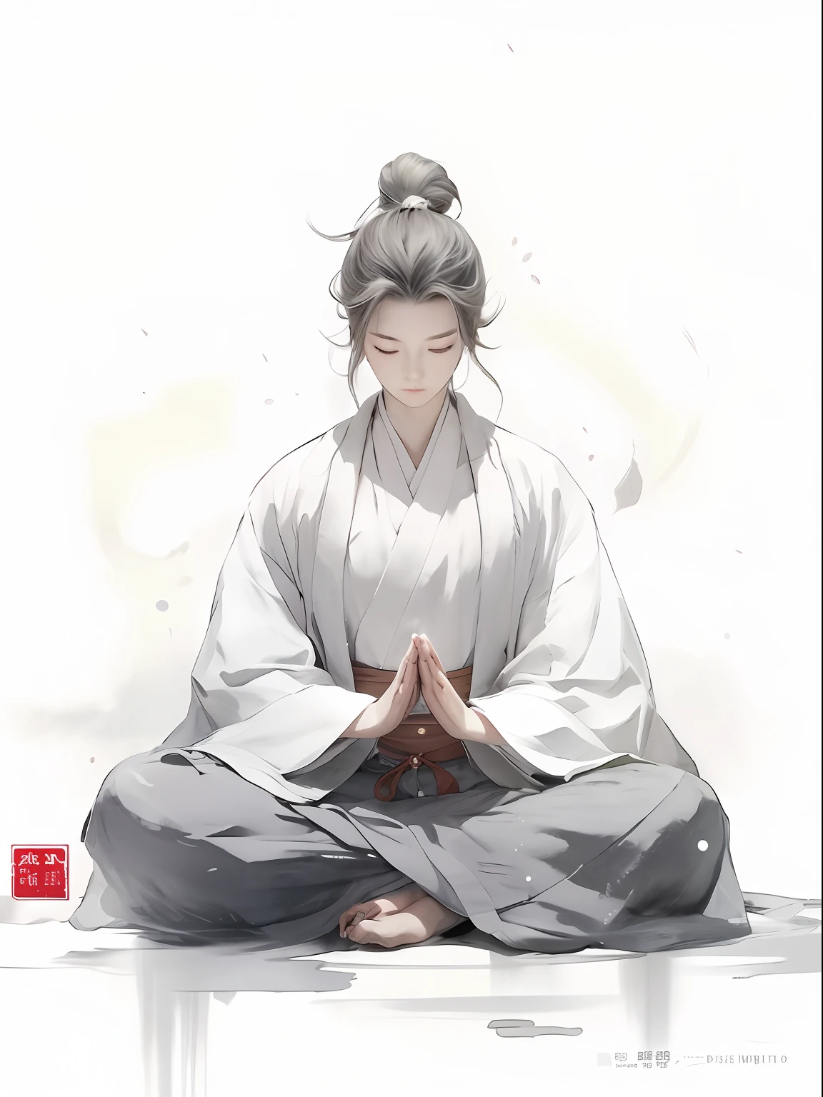 Anime character sitting in lotus position on white background,flowing hair and long robes,man,Inspired by Seki Dosheng,inspired by Zhao Mengfu,Daoism,wearing a long flowing robe,inspired by Wu Daozi,heise jinyao,flowing white robe,the watercolor style。