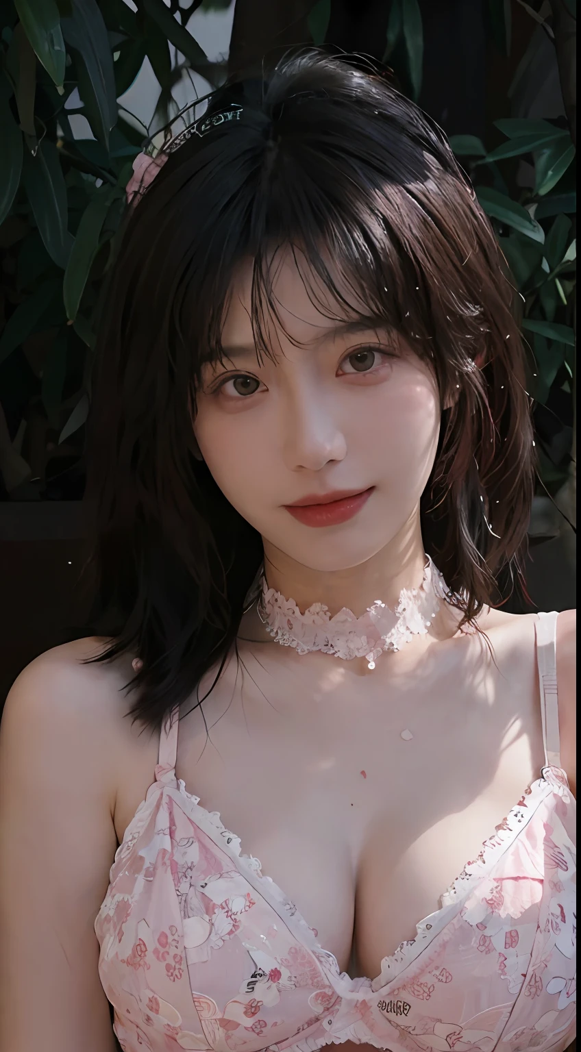 best qualtiy, 超高分辨率, (realisticlying:1.4), Baoyu Girl, A pair of clear and moving peach blossom eyes,Royal Sister,sunshine on face,with long coiled hair,(ln the forest:1.4),(choker necklace:1.2),(Fair skin:1.9),(full bodyesbian:1.2)a sense of atmosphere,a beauty girl, ssmile,head straight-looking at viewer, closeup cleavage ,(Photorealistic:1.4),1girll,Sexy,(Magenta lace bra:1.3),(Big breasts:1.9),(Upper body:1.4),(Wet body),(:1.2)