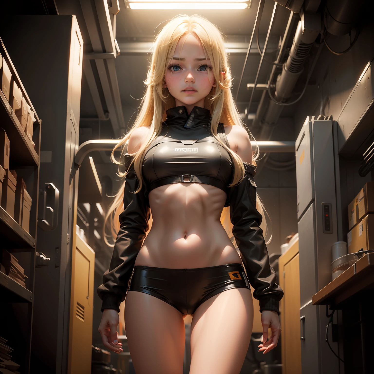 machinery girl(Facing to the left)(The left half of the body is a machine)(tubing)(a blond)(length hair)(Cinematic light)