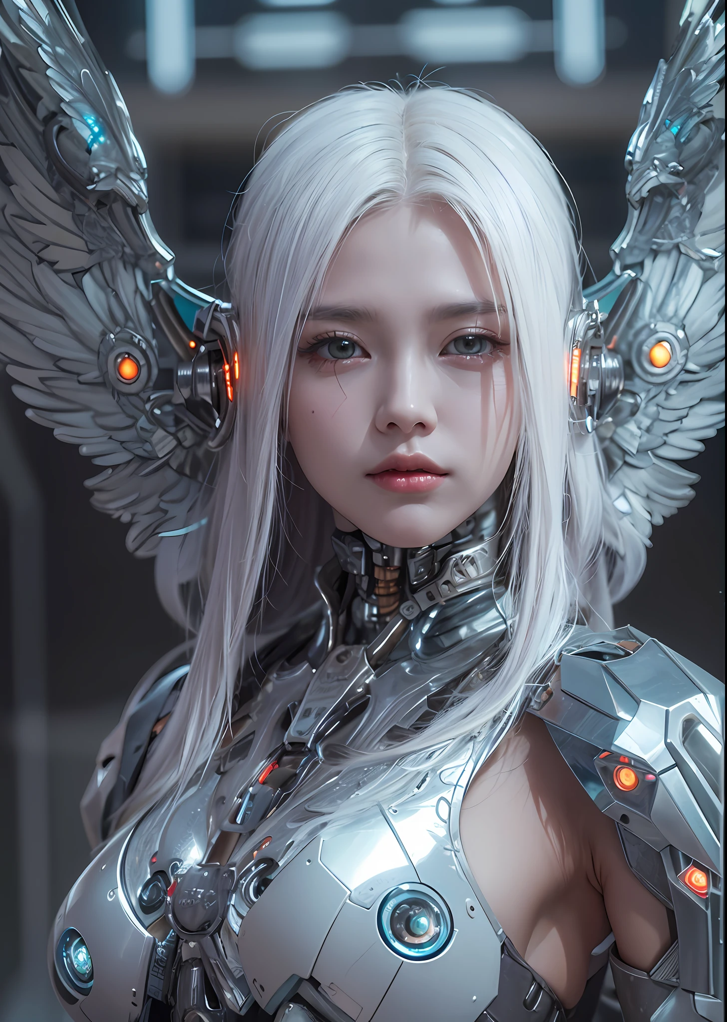 top-quality、​masterpiece、超A high resolution、(Photorealsitic:1.4)、Raw photo、Battle Cyborg Angel、large wings made of metal、White porcelain body、Acrylic Clear Cover、white  hair、glowy skin、1 Cyborg Girl、((super realistic details))、portlate、globalillumination、Shadow、octan render、8K、ultrasharp、character edge light,Colossal tits、Raw skin is exposed in cleavage、Details of complex ornaments、Sumerian details、Hydraulic cylinder、Small LED lamp、highly intricate detail、Realistic light、a purple eye、radiant eyes、Facing the camera、neon details、cowboy  shot、Futuristic headgear、About Cyberpunk、、