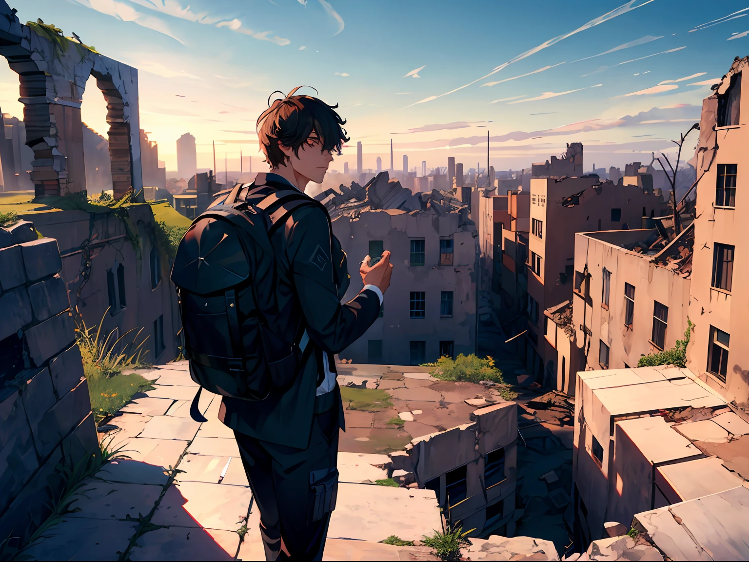 "(Ultra-clear details，Panoramic views of the vast ruined city，A handsome teenager dressed in black，The backpack slung over your back)"