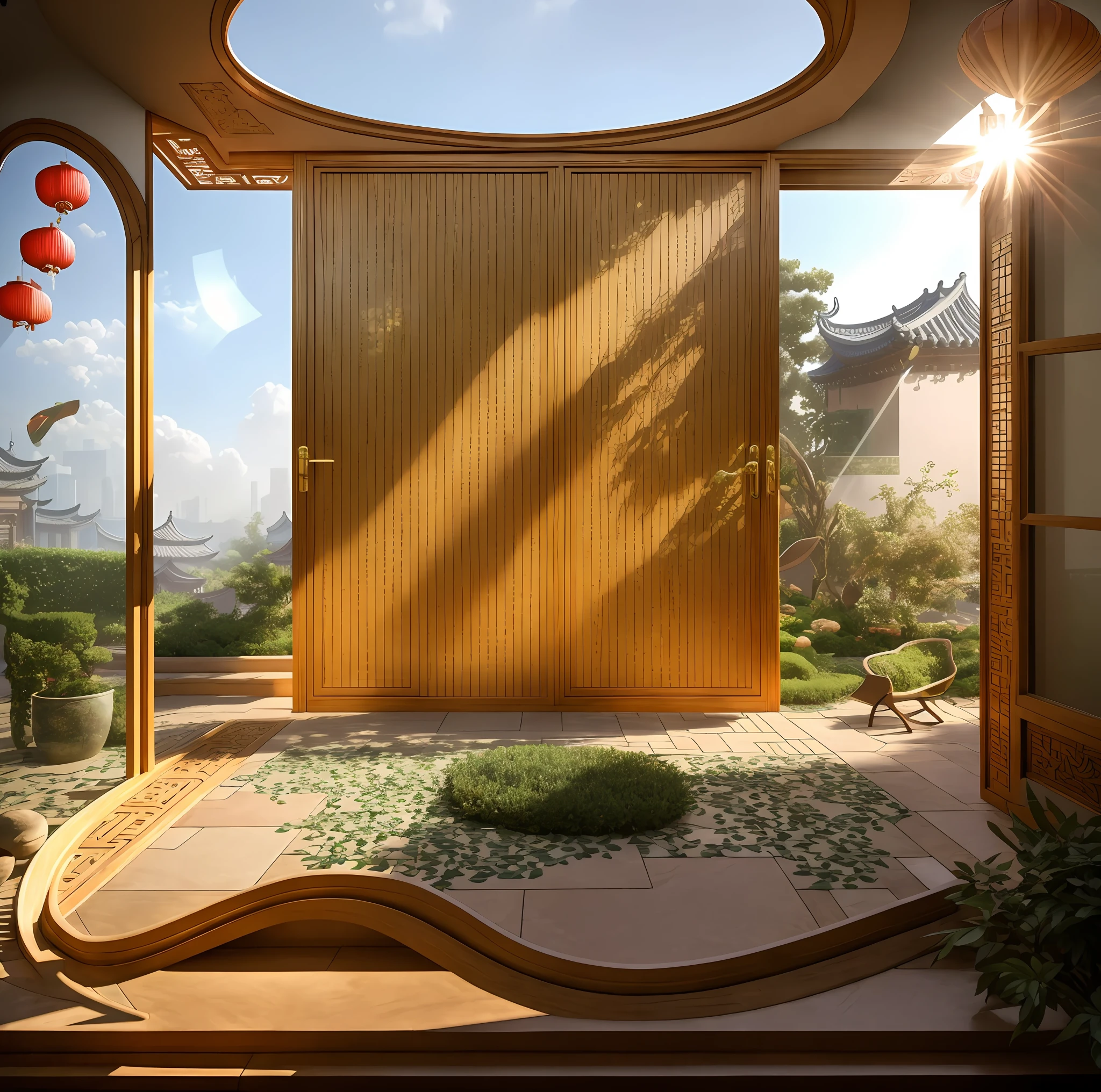 The outdoor scene has a strong Chinese style and a light-colored window scene，Sunny daytime，Light and shadow interlace，Create stunning visuals。The whole scene is dominated by light colors，Great，Keep the door open。As far as the eye can see is a spacious and elegant courtyard，Covered with lightweight masonry floors，A faint glow emanated from outside。Sunlight shines through the trees，The reflection leaves a mottled faint color on the ground，Presents a typical Chinese architectural style。From a distance，The carvings are beautifully gorgeous，real rendering，Not a night view，Best quality at best，highly  detailed，tmasterpiece，ultra - detailed，Extremely detailed CG unifies 8K, 8K, tmasterpiece，best qualityer， 8K， tmasterpiece， best qualtiy， high qulity， high detal， super detailing， A high resolution， hyper HD，Complete and unified