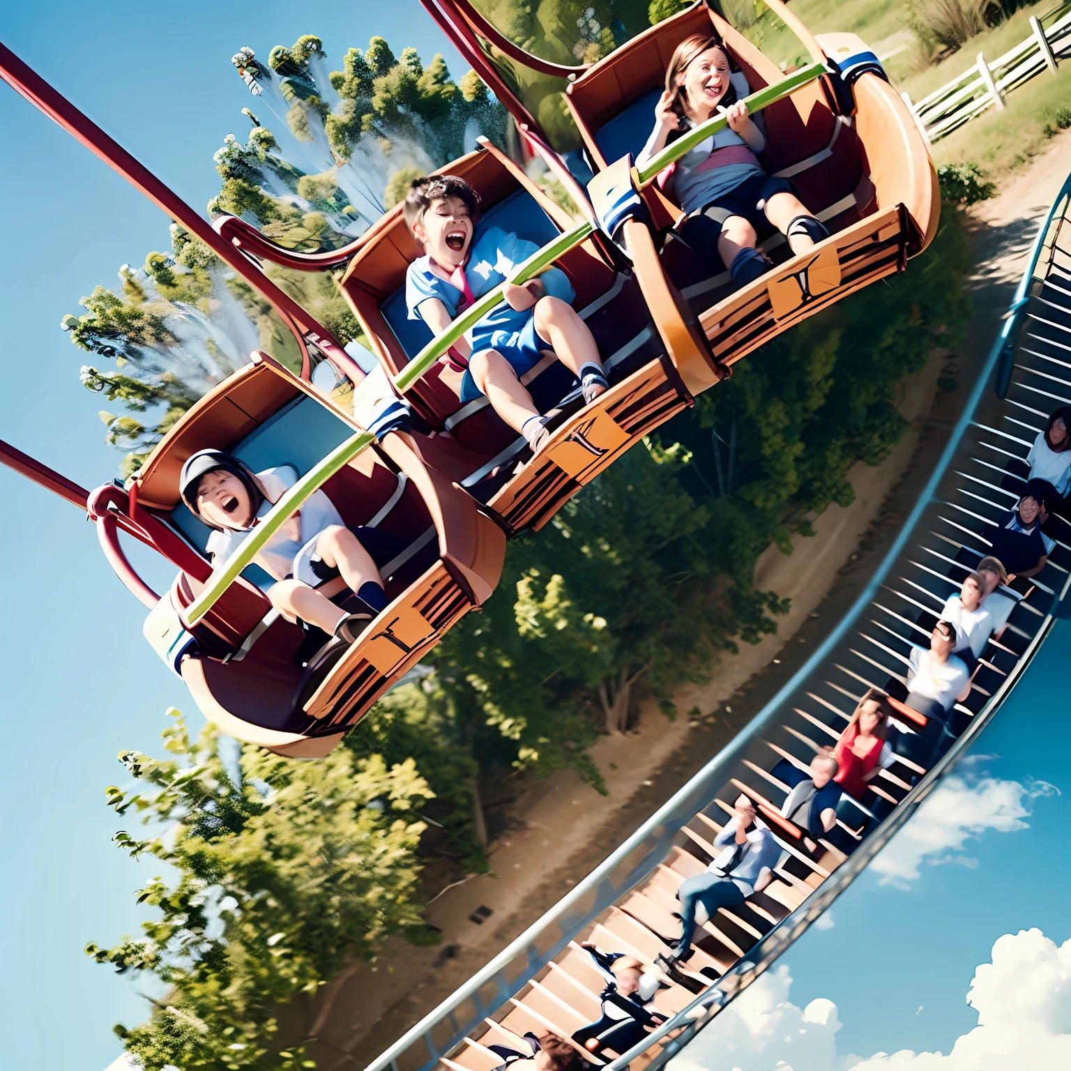 Five students ride a roller coaster，The expression is very exaggerated
