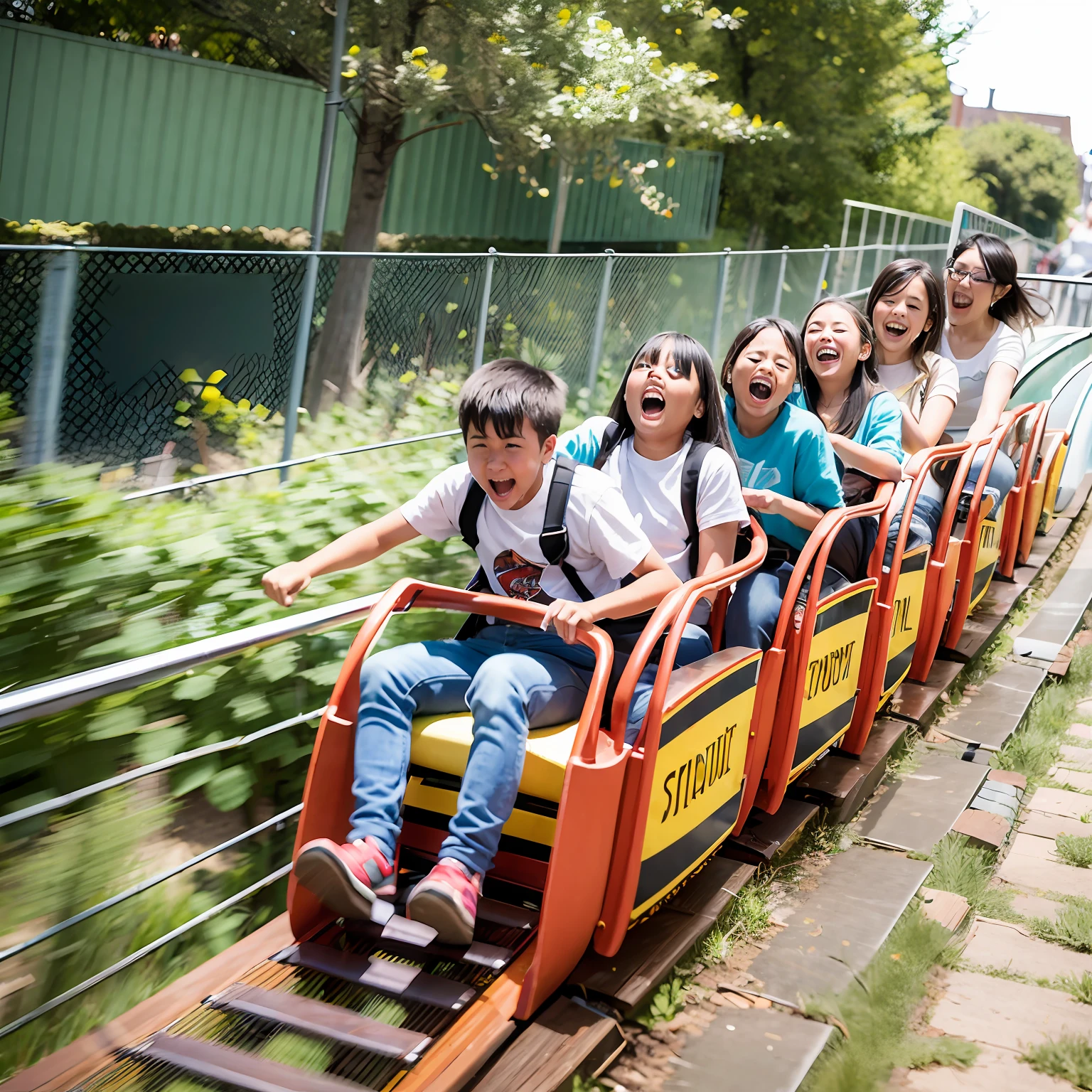 Five students ride a roller coaster,The expression is very exaggerated