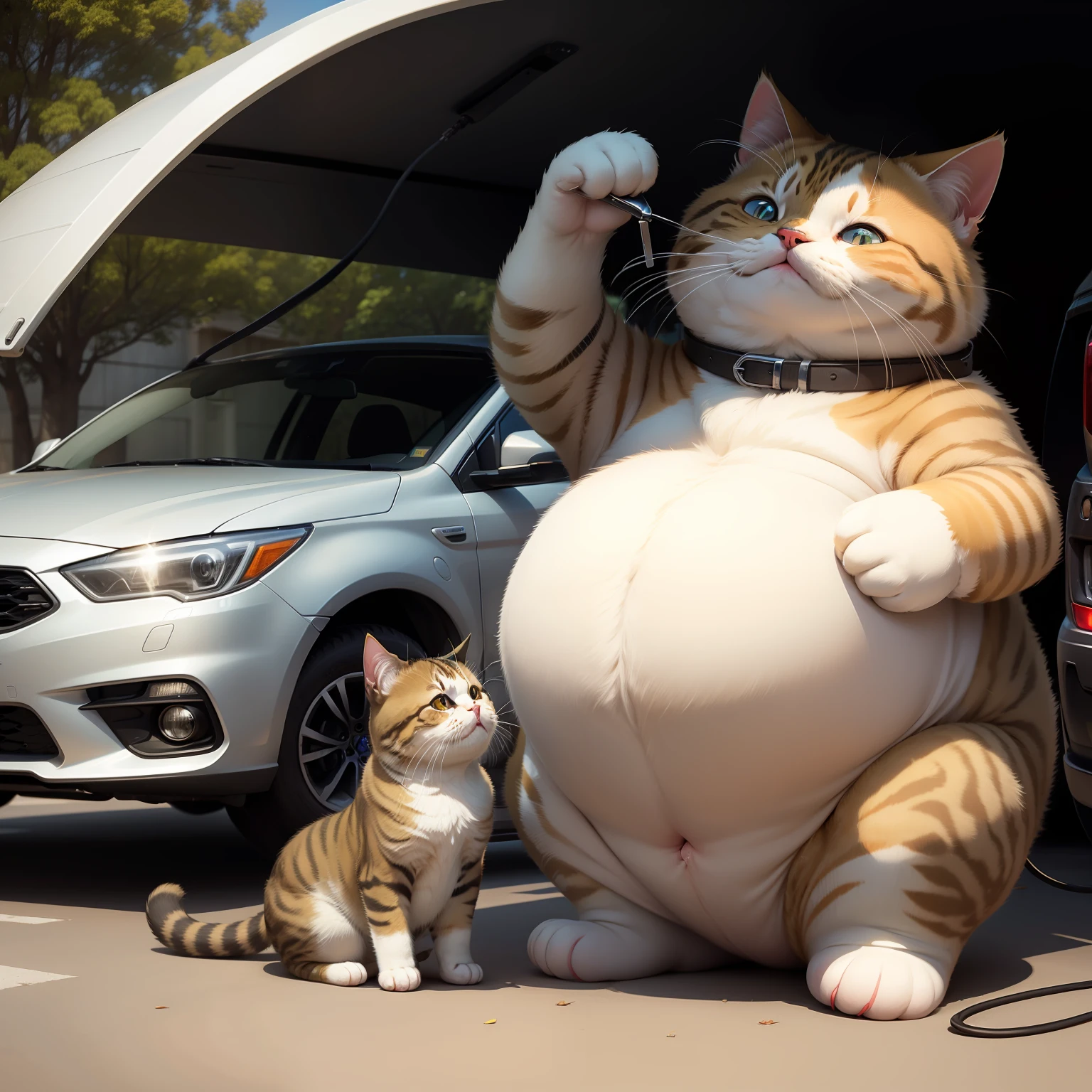 Fat cute cat fixing a car