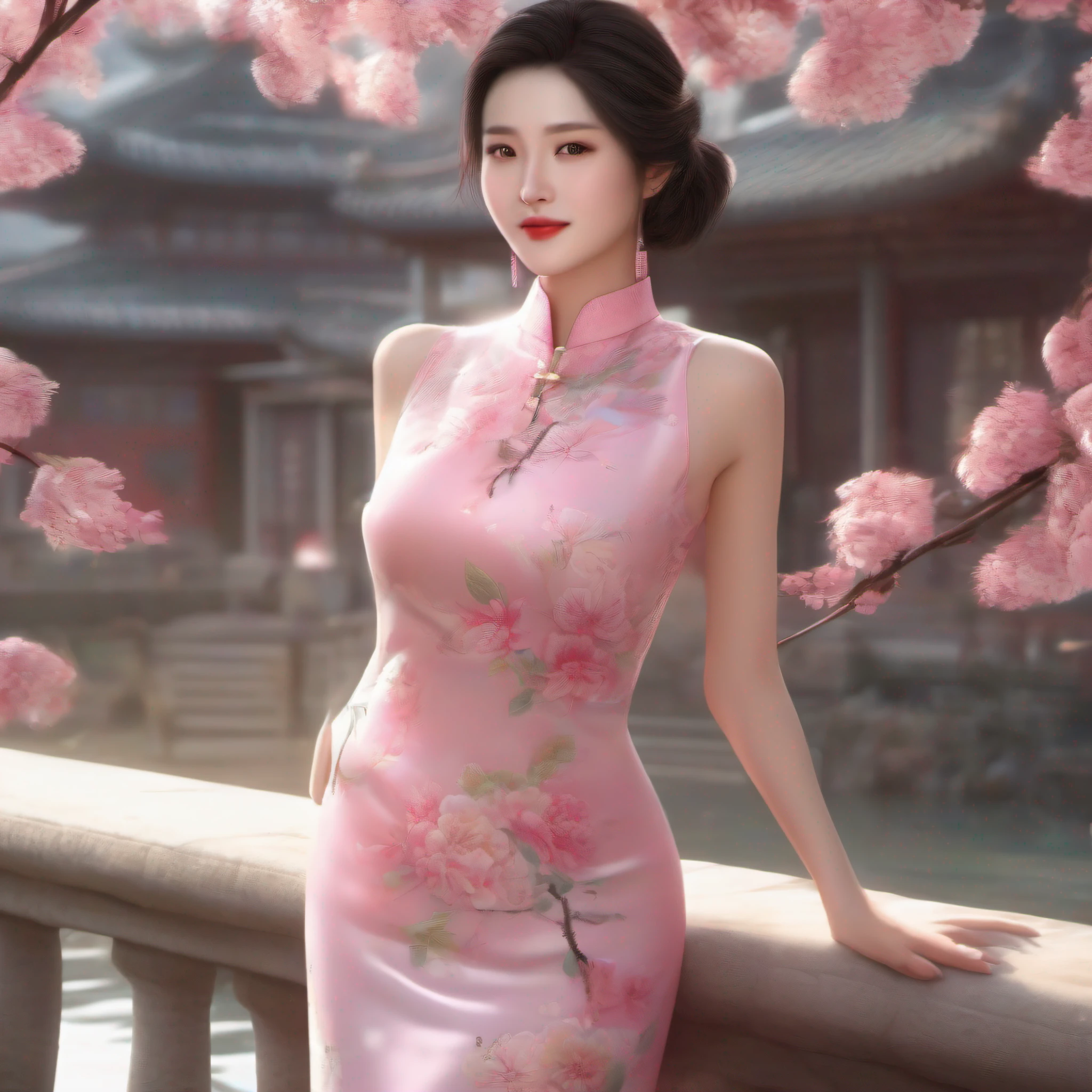 A beautiful and sexy young woman around 30 years old wearing a pink translucent cheongsam,A pair of snow-white firm breasts are nos,The action is extremely soul-wrenching,White and delicate skin,Sexy lips,Willow eyebrows,tall nose bridge,Confused eyes,Smiling face。Super detailed rendering,8K