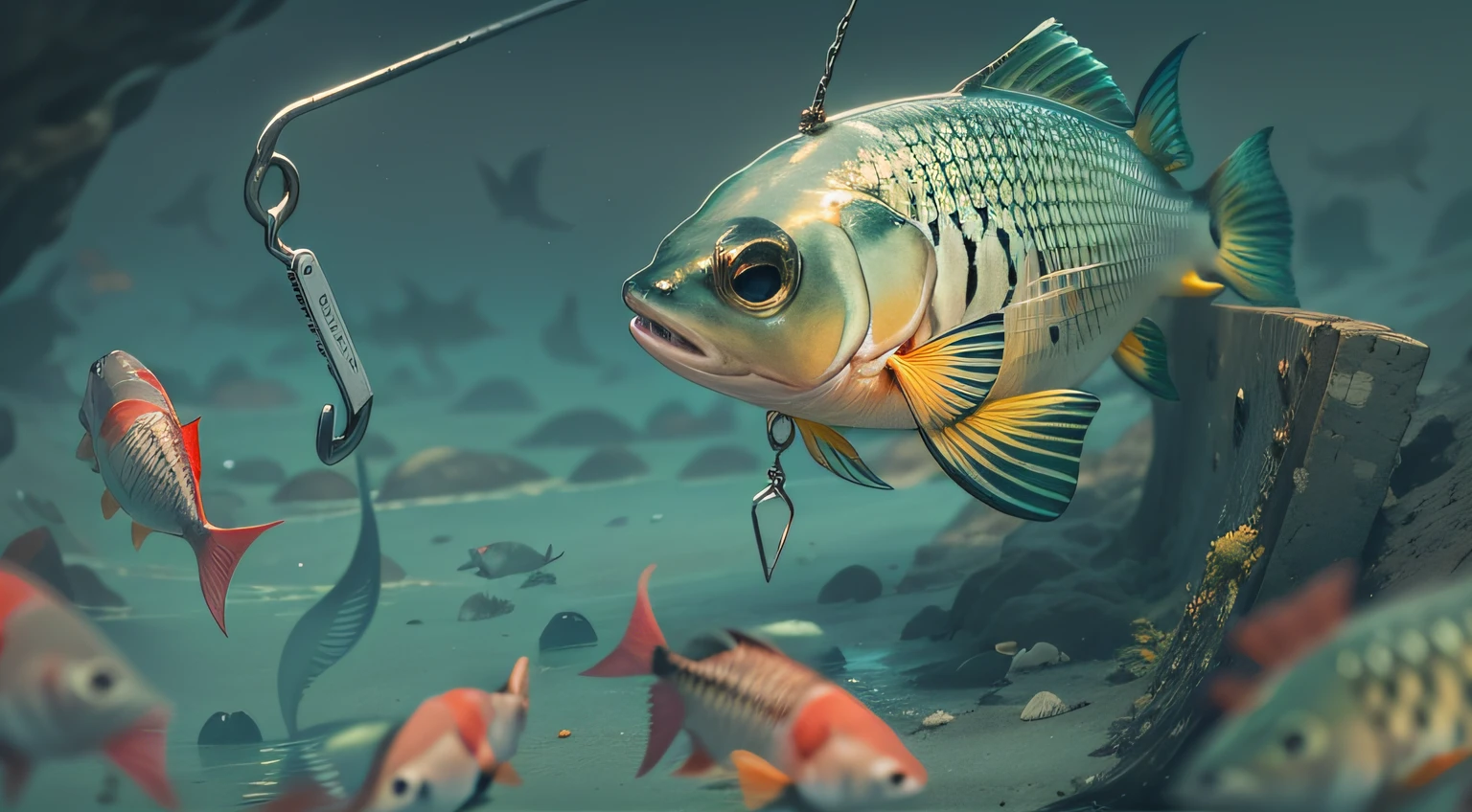A fish in the depths of the sea，Look at the hook with the bait hanging in front of you，It is ready to eat the hook
