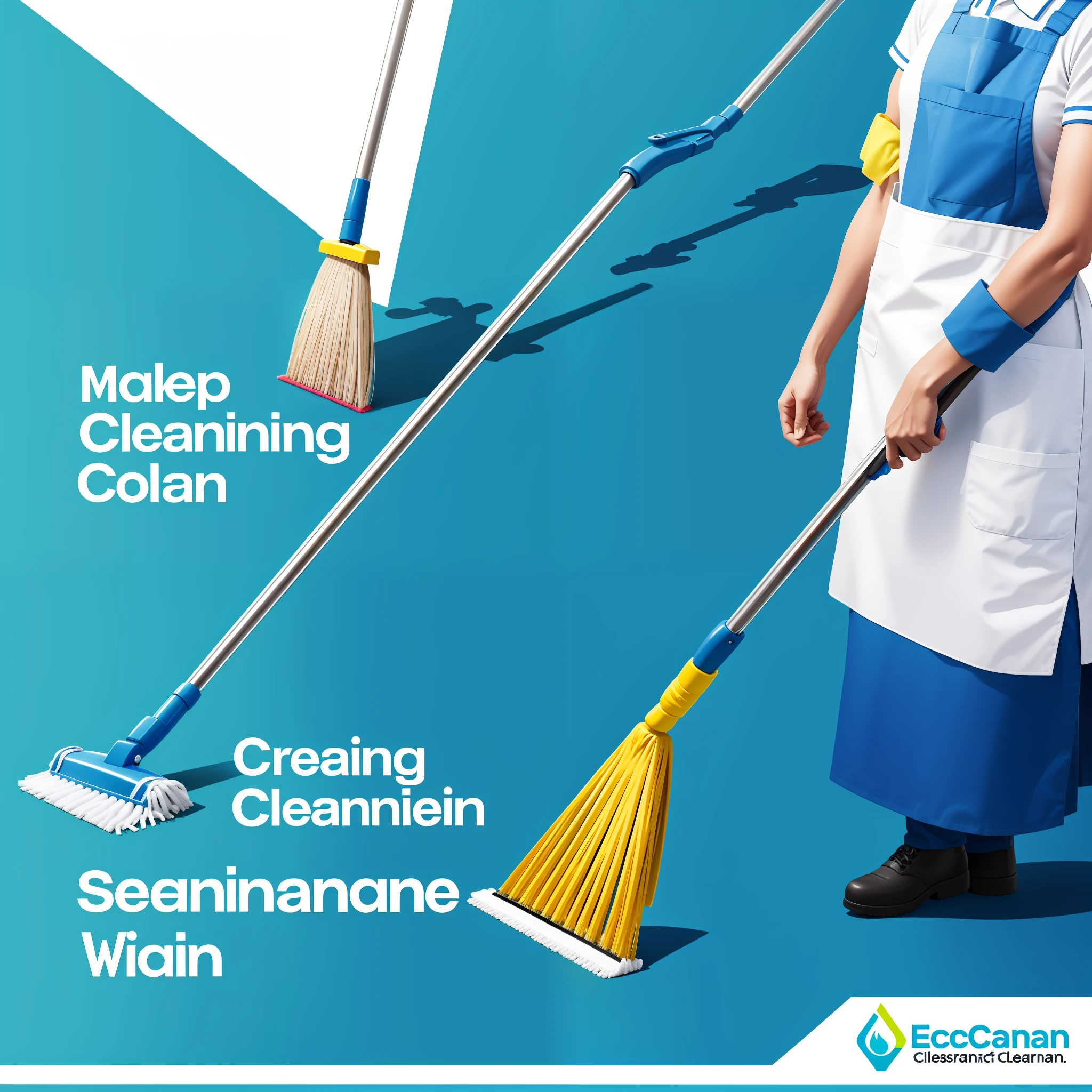 "Contemporary style advertisement poster of a cleanliness company, EcoClean Solutions. The primary colors are serene sky blue and light green. Display the company's logo prominently, along with an anthropomorphic water droplet character holding a magic broom. The character should have a round head and exude vitality and warmth. Incorporate a catchy slogan 'Start a Clean Life with Us! Make cleaning professional and life better!' and secondary tagline 'Expert Deep Cleaning, Residential On-Call Cleaning, Flexible Cleaning Services Whenever Needed'. The font should be bold and readable, adding contact information and official website at the bottom. Aim for a clean, vibrant, and professional aesthetic."