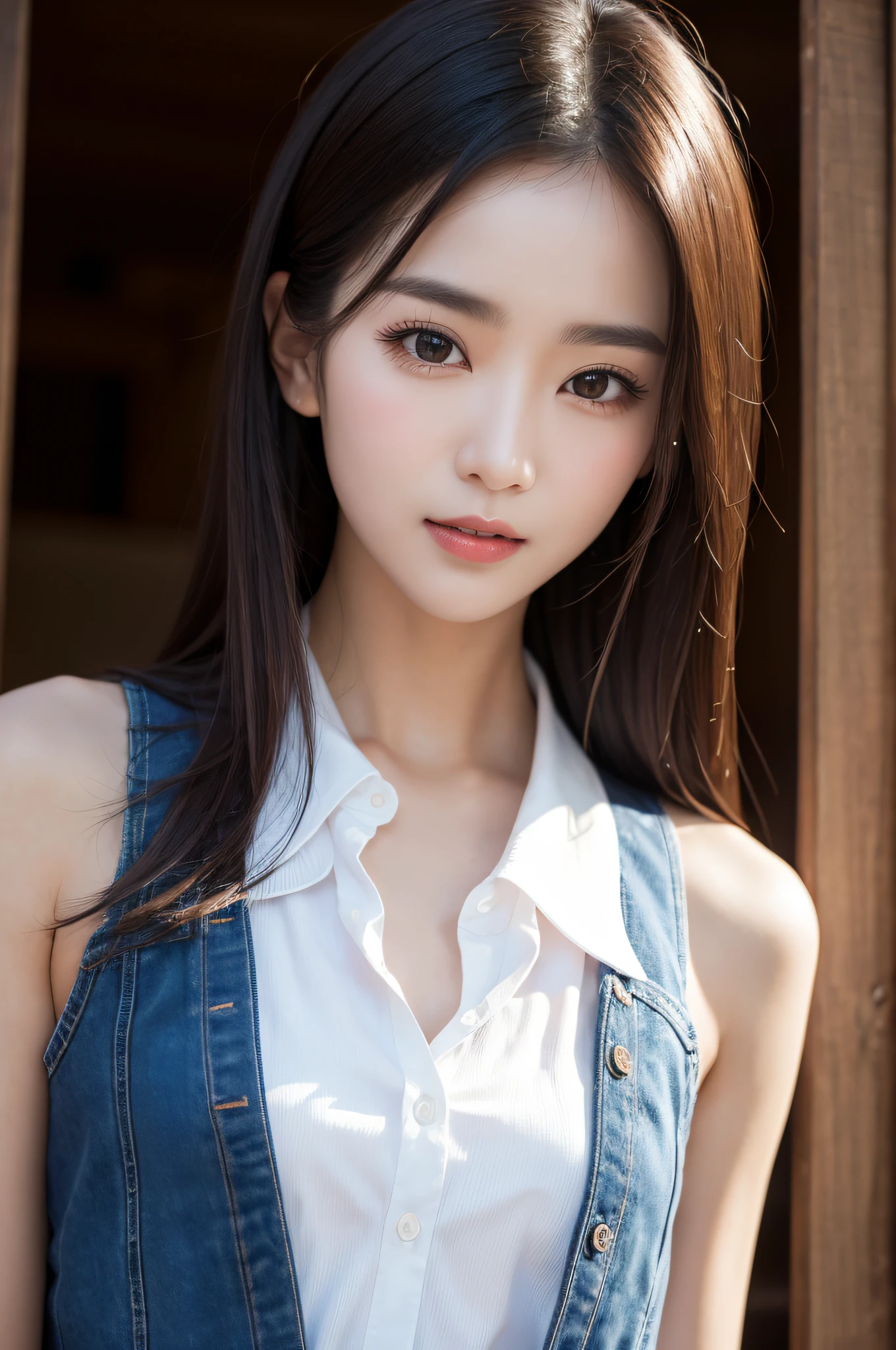 ((best qualtiy、8k masterpieces:1.3))、foco nítido:1.2、(ultra beautiful faces:1.0)、(shinny skin:1.0)、photos realistic、A dark-haired、Video Lighting、High-definition eyes and face、Video Lighting、(cowboy  shot:1.3)、(Korean Cute Actress)、from the front side、medium large breasts、ssmile、Sleeveless、Slender Abs Beauty、Wearing a white blouse