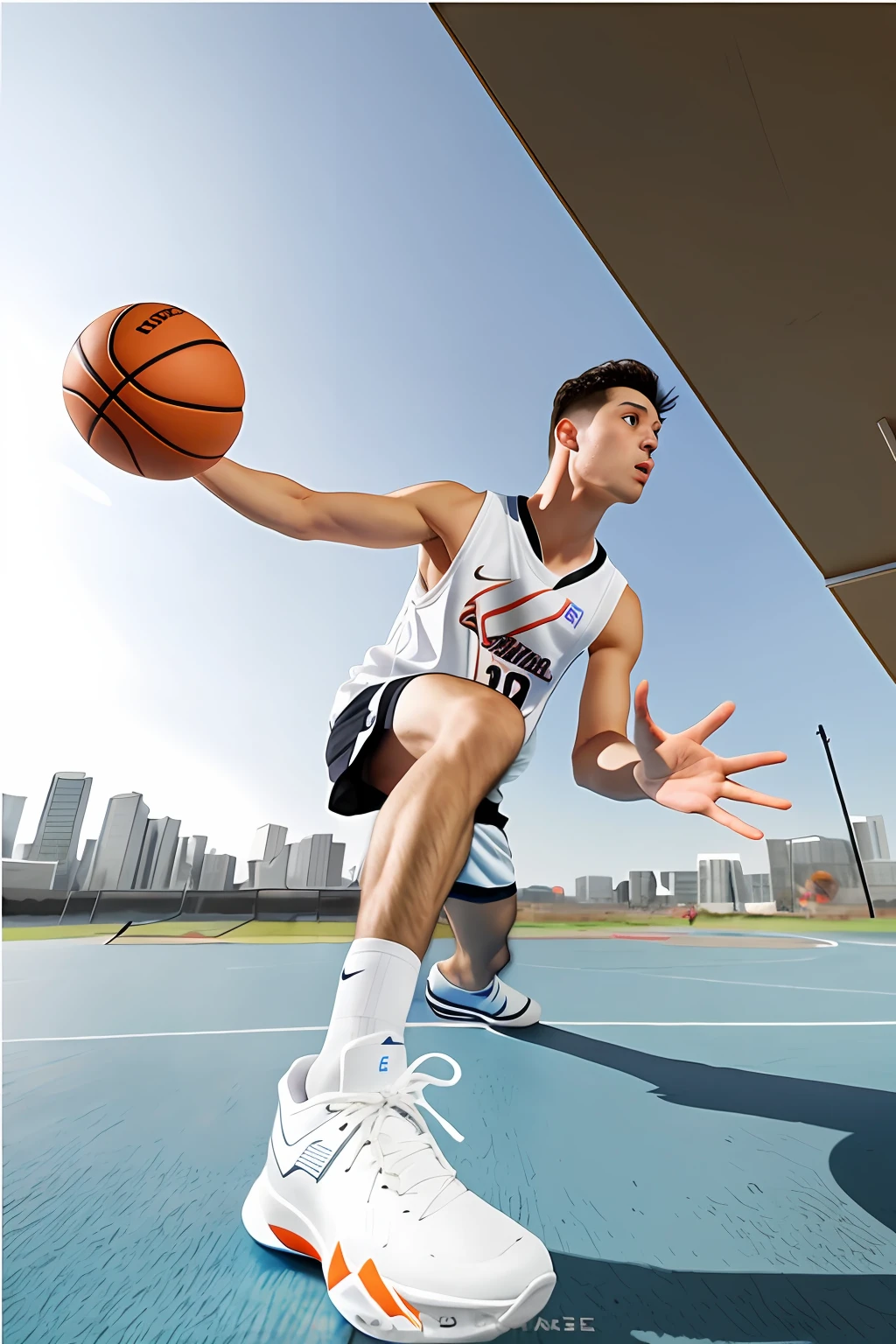 Allard man in white shirt and white shoes plays basketball on the court, dynamic low angle shooting, extreme low angle long shot, wide angle dynamic action shot, extreme low angle shot, shooting angle from below, wearing basketball jersey, Playing basketball, Shot from below, wide angle dynamic portrait, trending on dribbble, very low angle, low angle shot