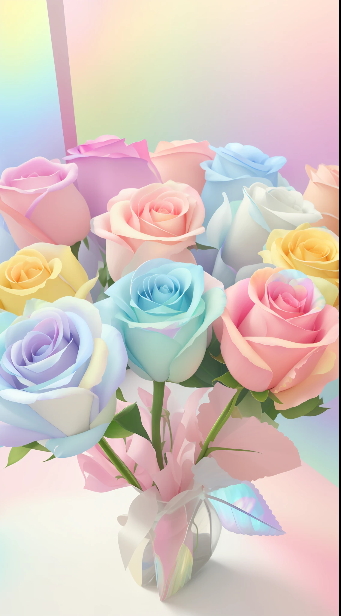 There is a vase,There is a bouquet of roses inside, pastel roses, pastel overflow, mother of pearl iridescent, pastel rainbow, pastel rainbow, rainbow gradient bloom, 🎀 🗡 🍓 🧚, 🎀 🧟 🍓 🧚, Magical flowers, translucent roses ornate, rosette, pastel colored, In pastel colors, colorful pastel, candy pastel, Only pastel colors