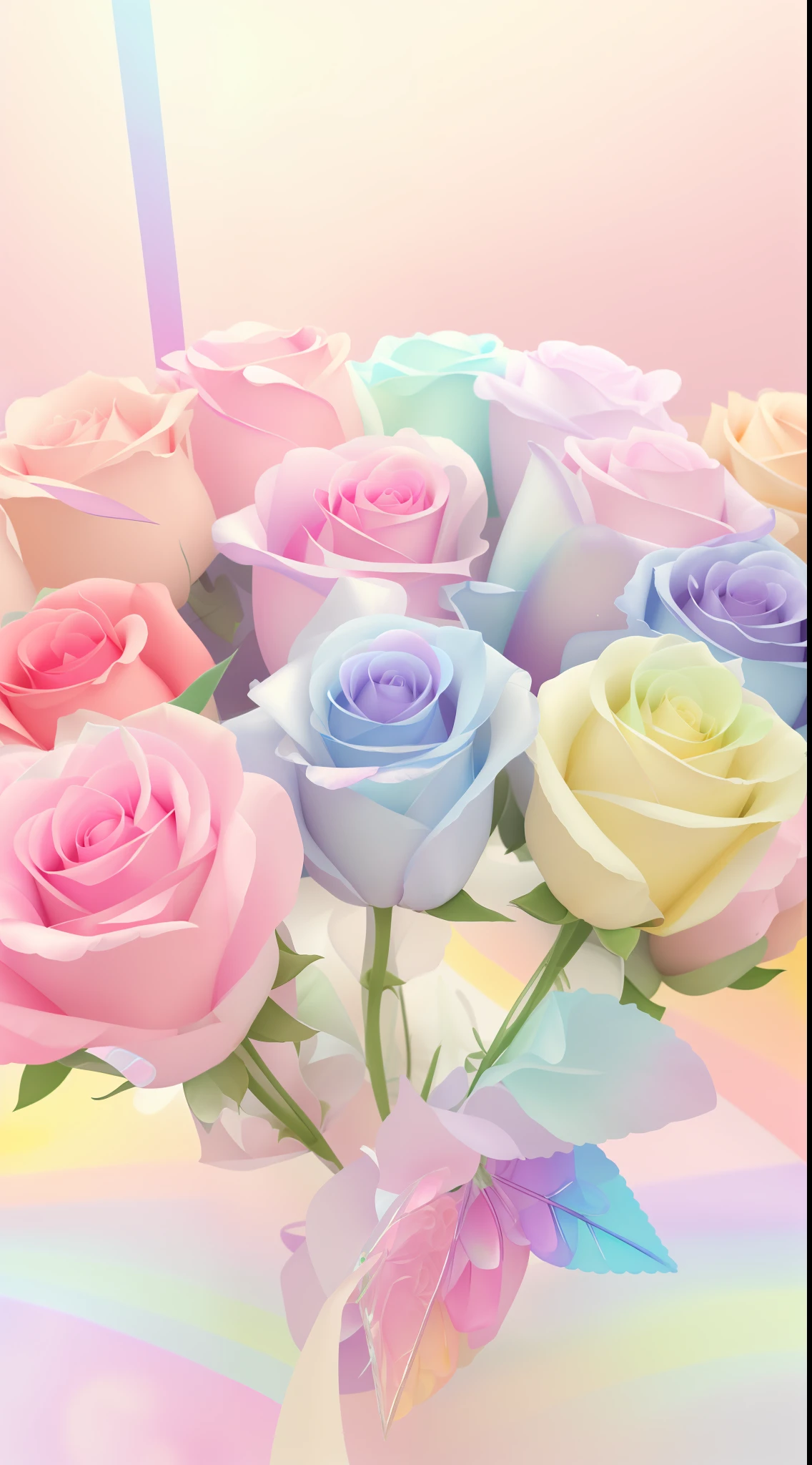There is a vase,There is a bouquet of roses inside, pastel roses, pastel overflow, mother of pearl iridescent, pastel rainbow, pastel rainbow, rainbow gradient bloom, 🎀 🗡 🍓 🧚, 🎀 🧟 🍓 🧚, Magical flowers, translucent roses ornate, rosette, pastel colored, In pastel colors, colorful pastel, candy pastel, Only pastel colors