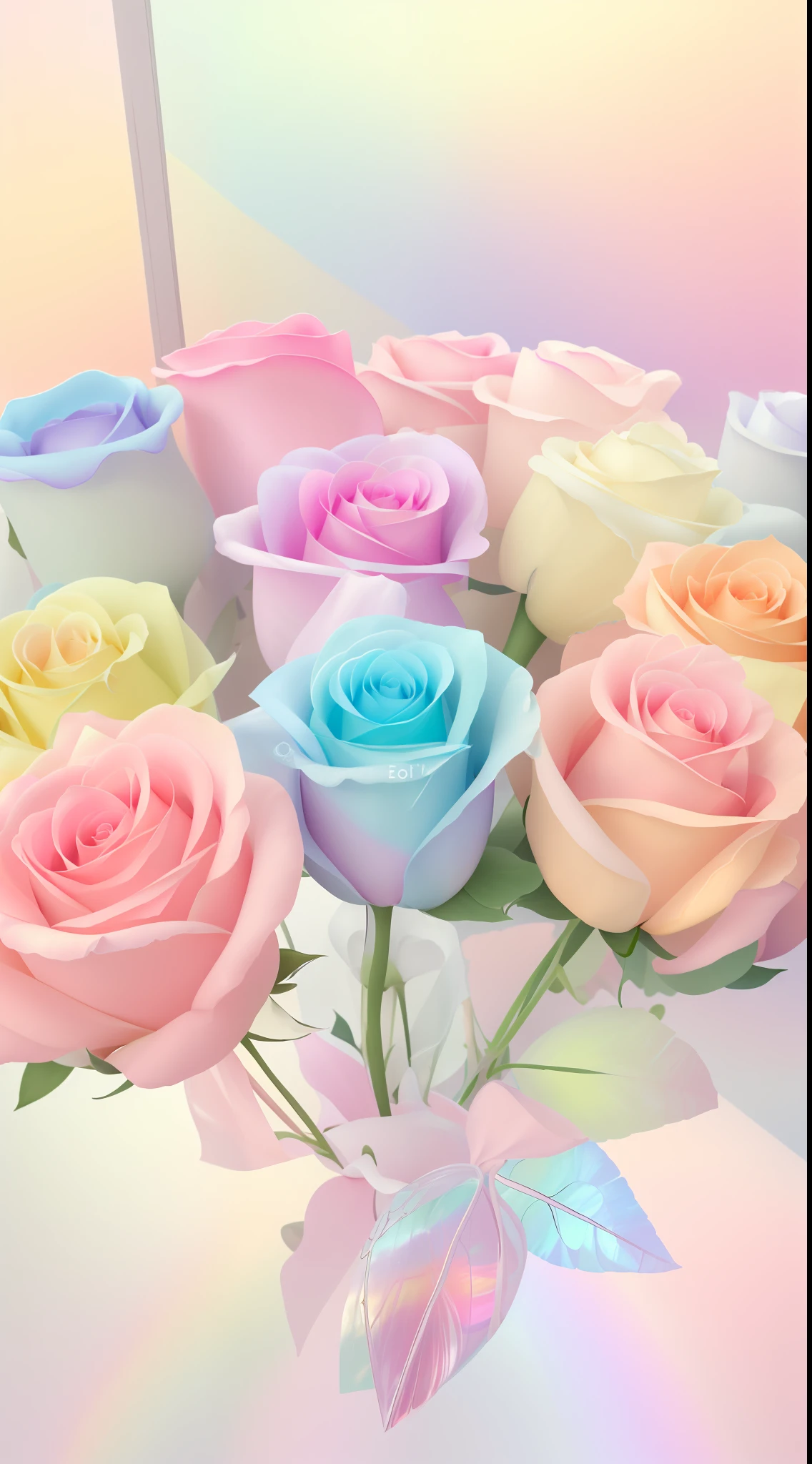 There is a vase,There is a bouquet of roses inside, pastel roses, pastel overflow, mother of pearl iridescent, pastel rainbow, pastel rainbow, rainbow gradient bloom, 🎀 🗡 🍓 🧚, 🎀 🧟 🍓 🧚, Magical flowers, translucent roses ornate, rosette, pastel colored, In pastel colors, colorful pastel, candy pastel, Only pastel colors